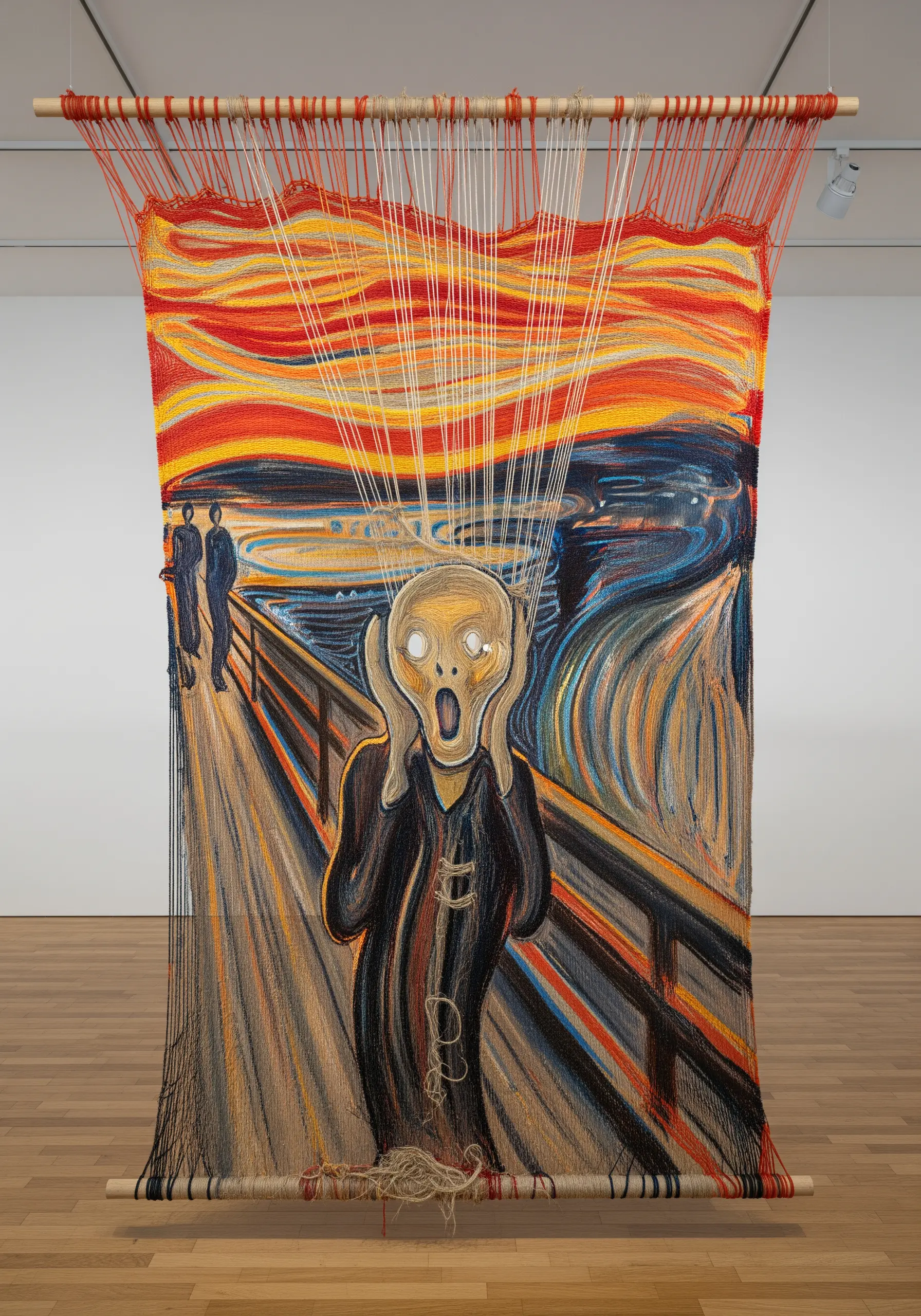 A woven tapestry of Edvard Munch's The Scream with exposed warp threads at the top.