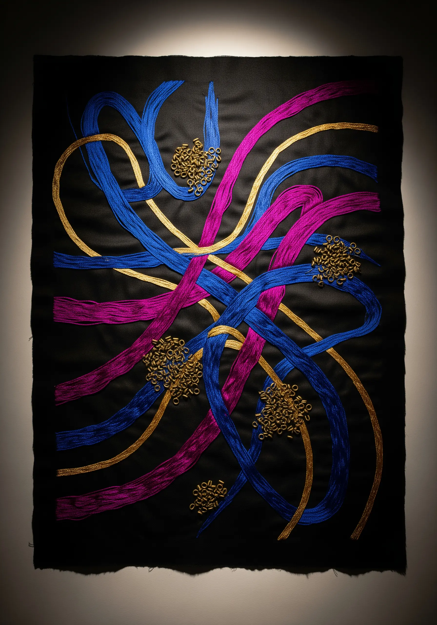 Abstract embroidery with wide blue, pink, and gold satin stitch ribbons on black fabric.