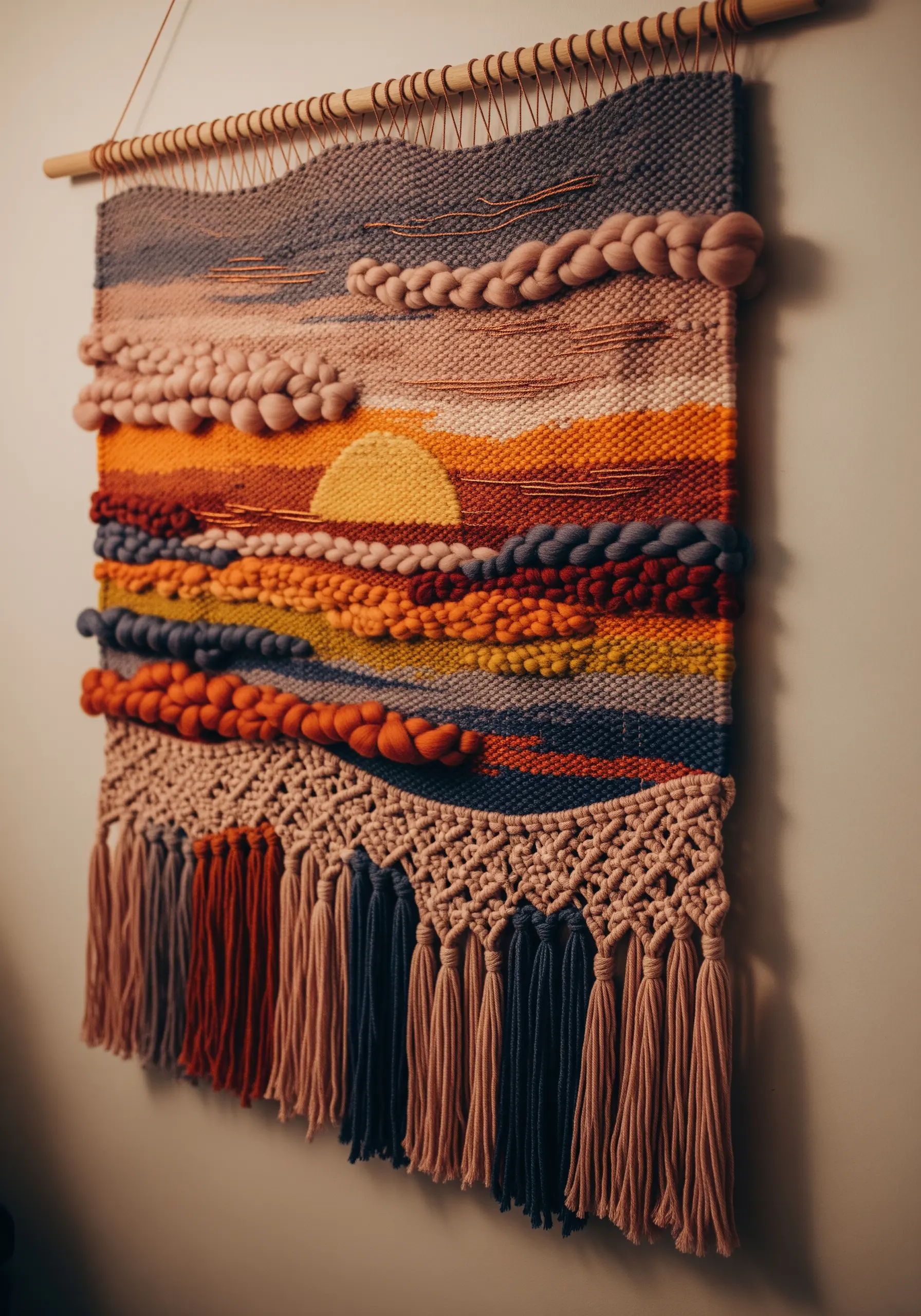 Woven wall hanging depicting a sunset landscape with textured yarn and macrame fringe.