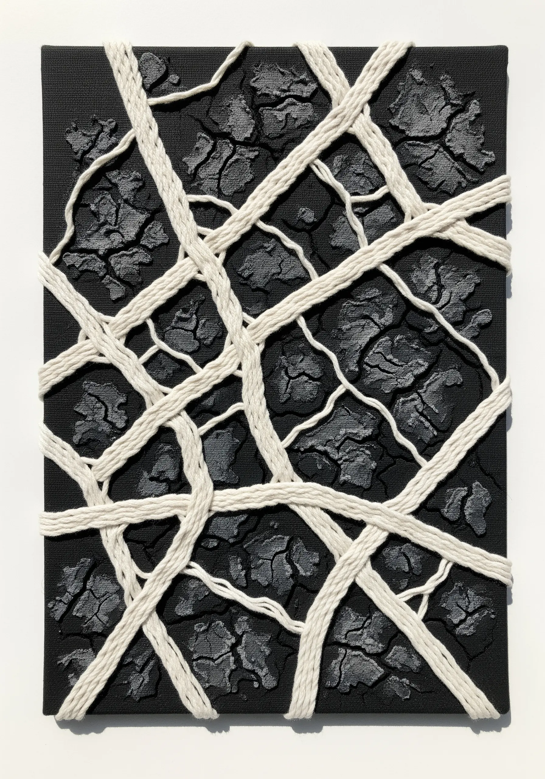Mixed-media art with thick white cord woven over a black, cracked texture.