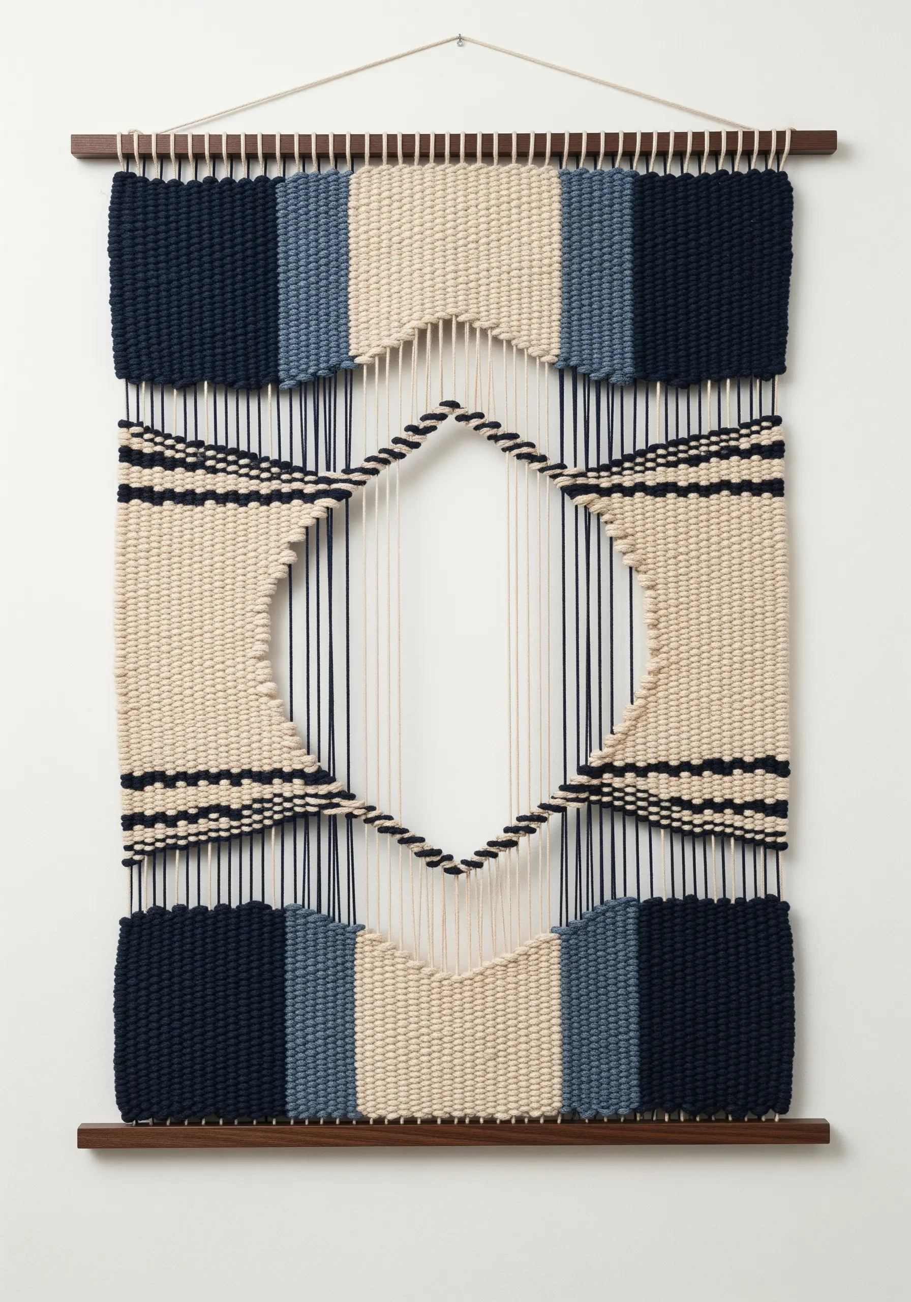A woven wall hanging with blocks of color and intentionally exposed vertical warp threads.