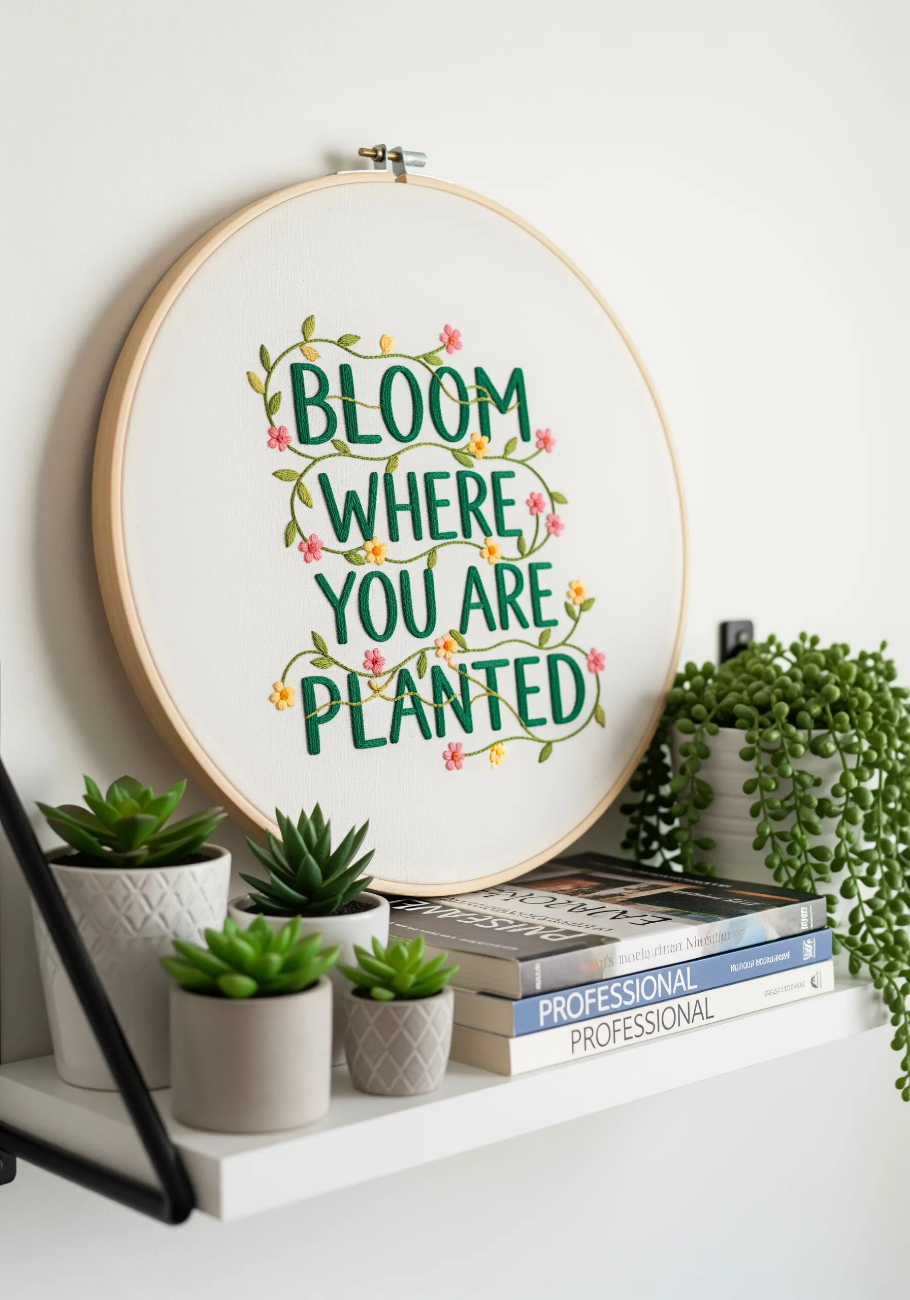 The quote 'Bloom Where You Are Planted' embroidered in green with floral details.