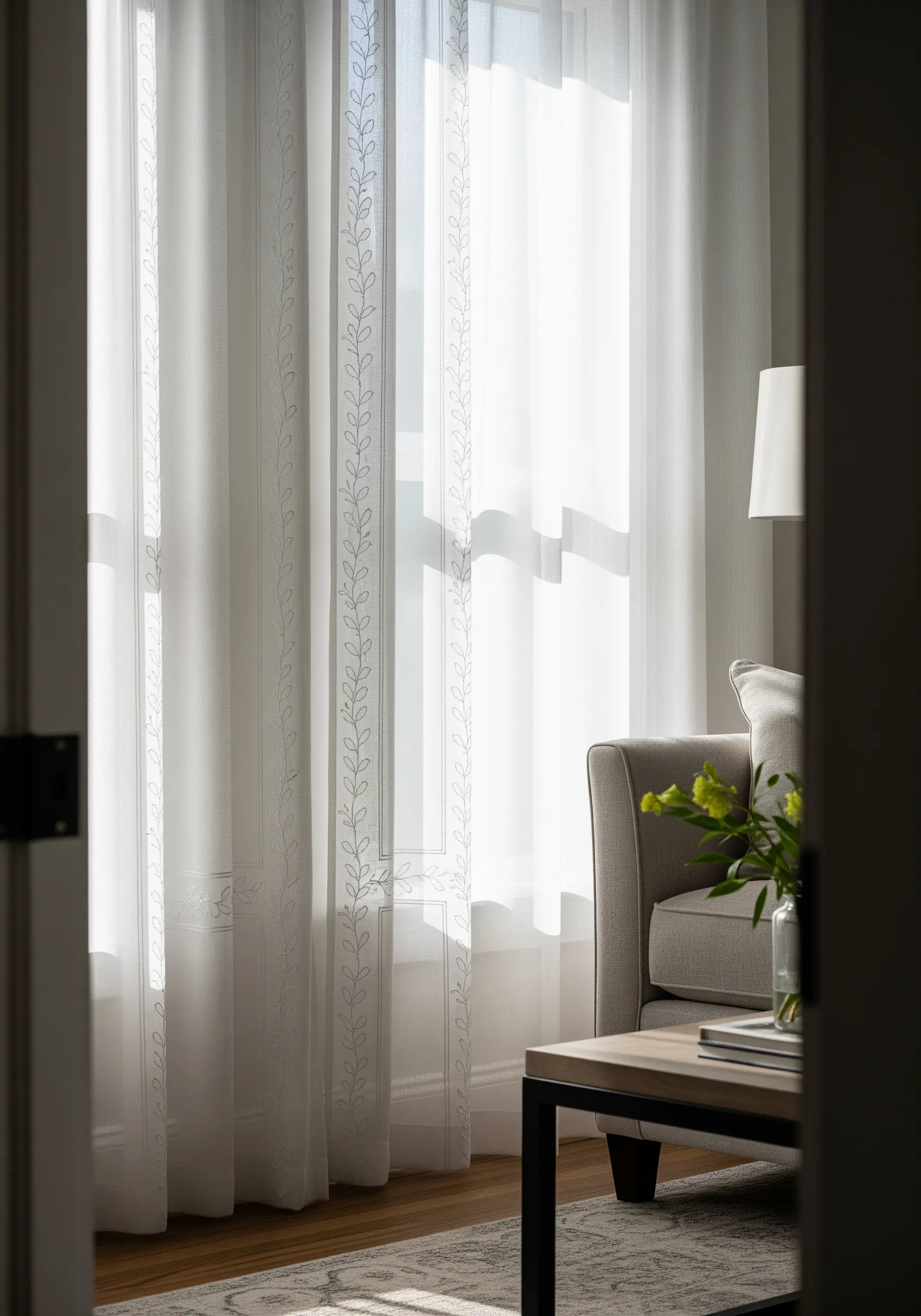 Delicate white-on-white vine embroidery running vertically down a sheer curtain panel.