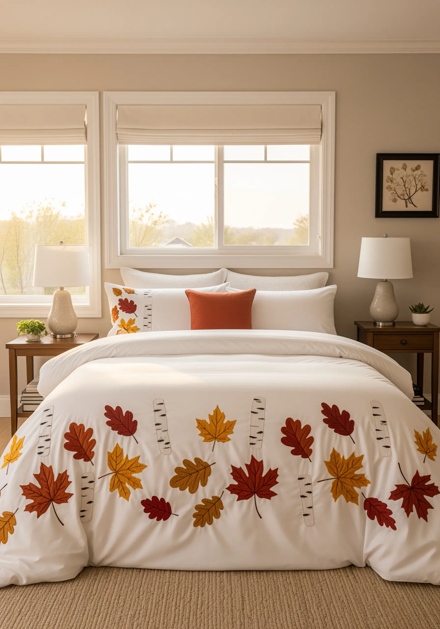 A white duvet cover decorated with a pattern of appliquéd autumn leaves and embroidered birch trunks.
