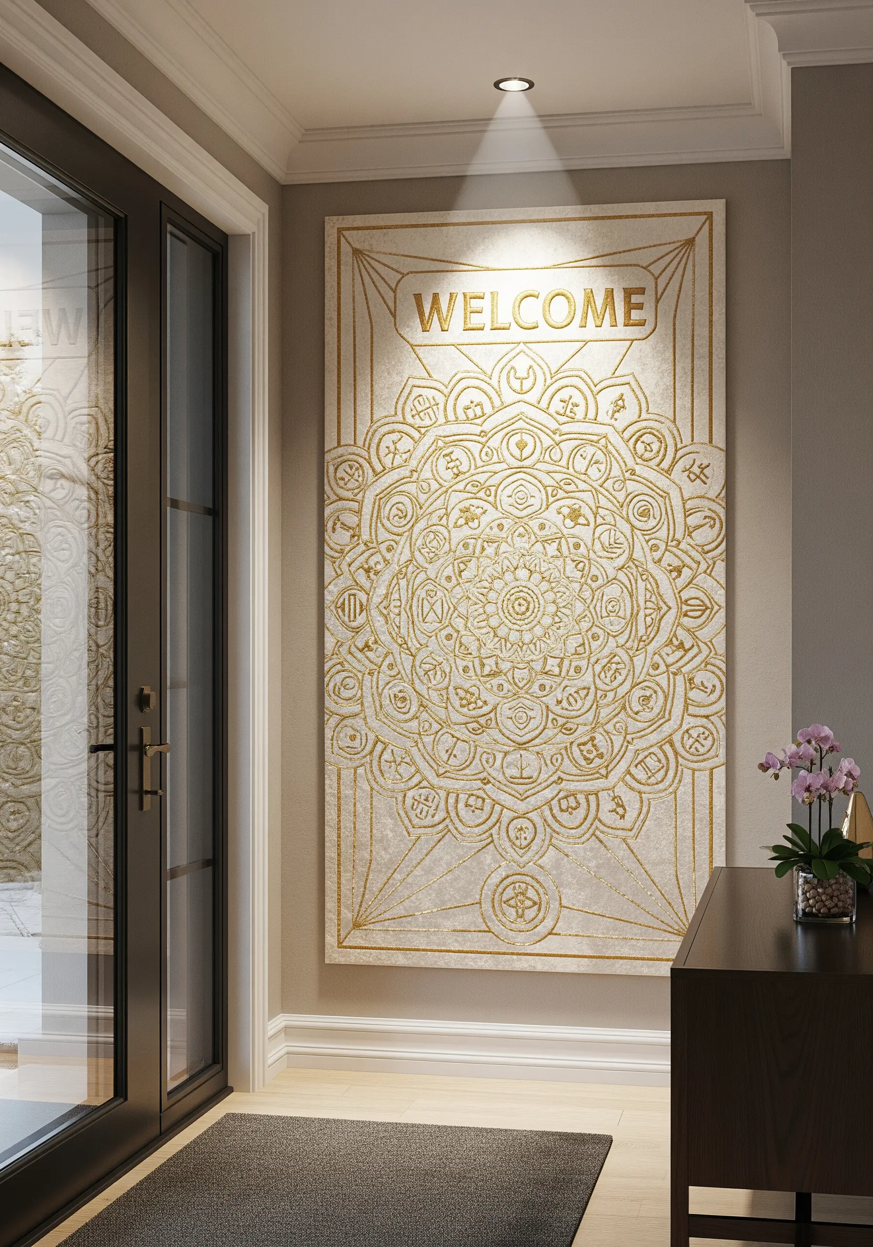An elegant entryway wall hanging with a gold thread mandala and the word 'Welcome'.