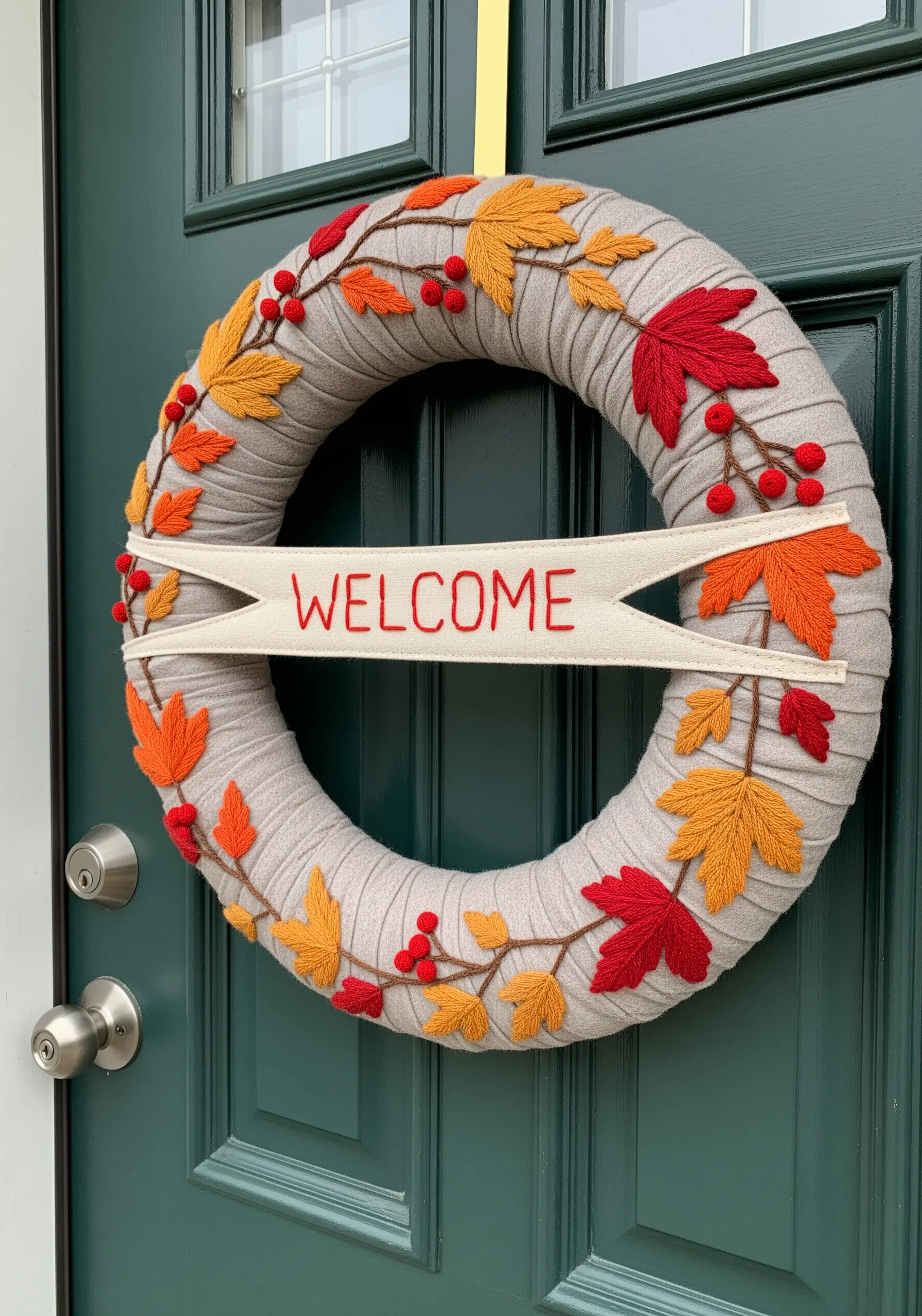 A fabric wreath decorated with embroidered felt leaves, berries, and a 'Welcome' banner