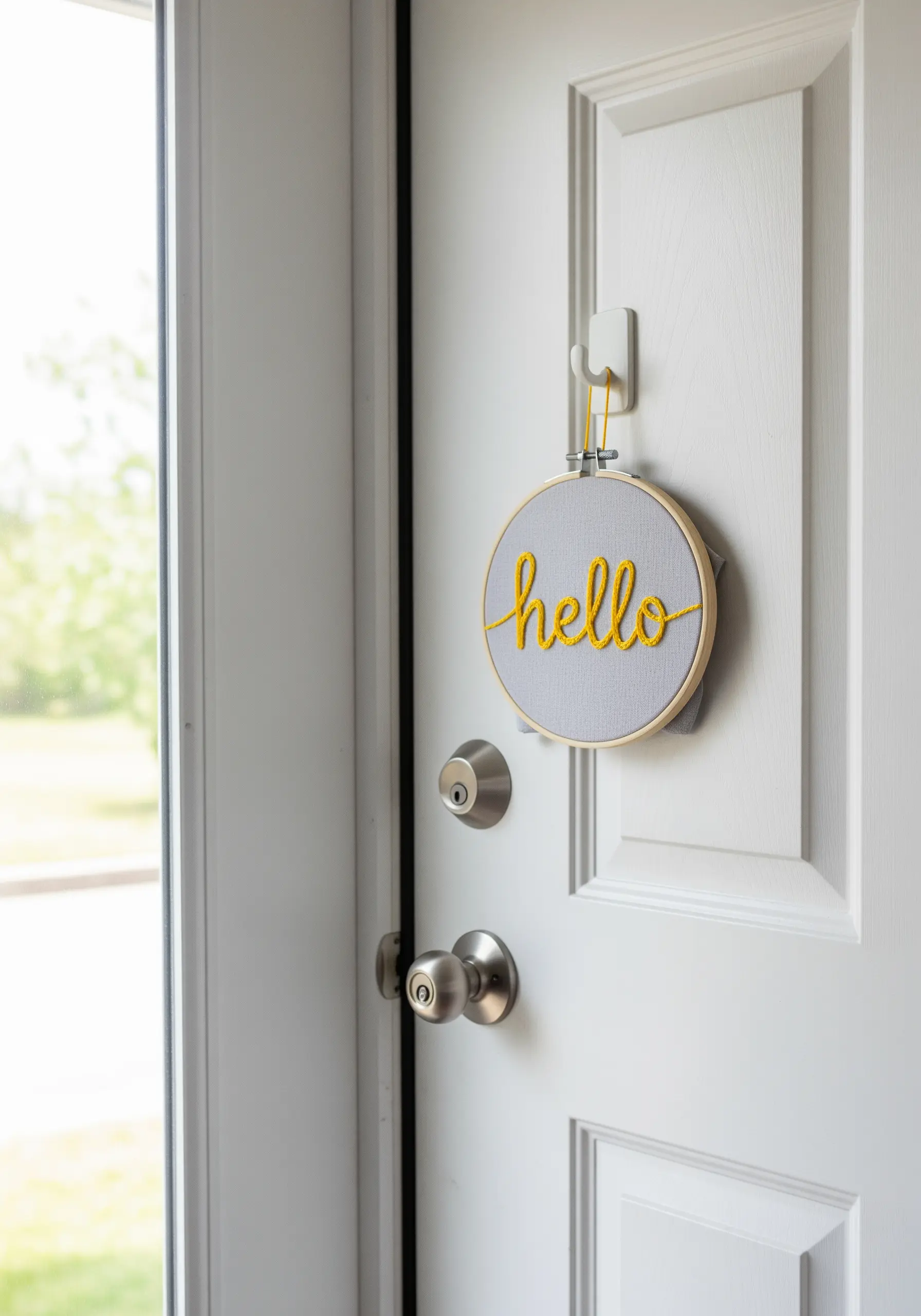 The word 'hello' embroidered in yellow yarn using a couching stitch on a grey hoop.