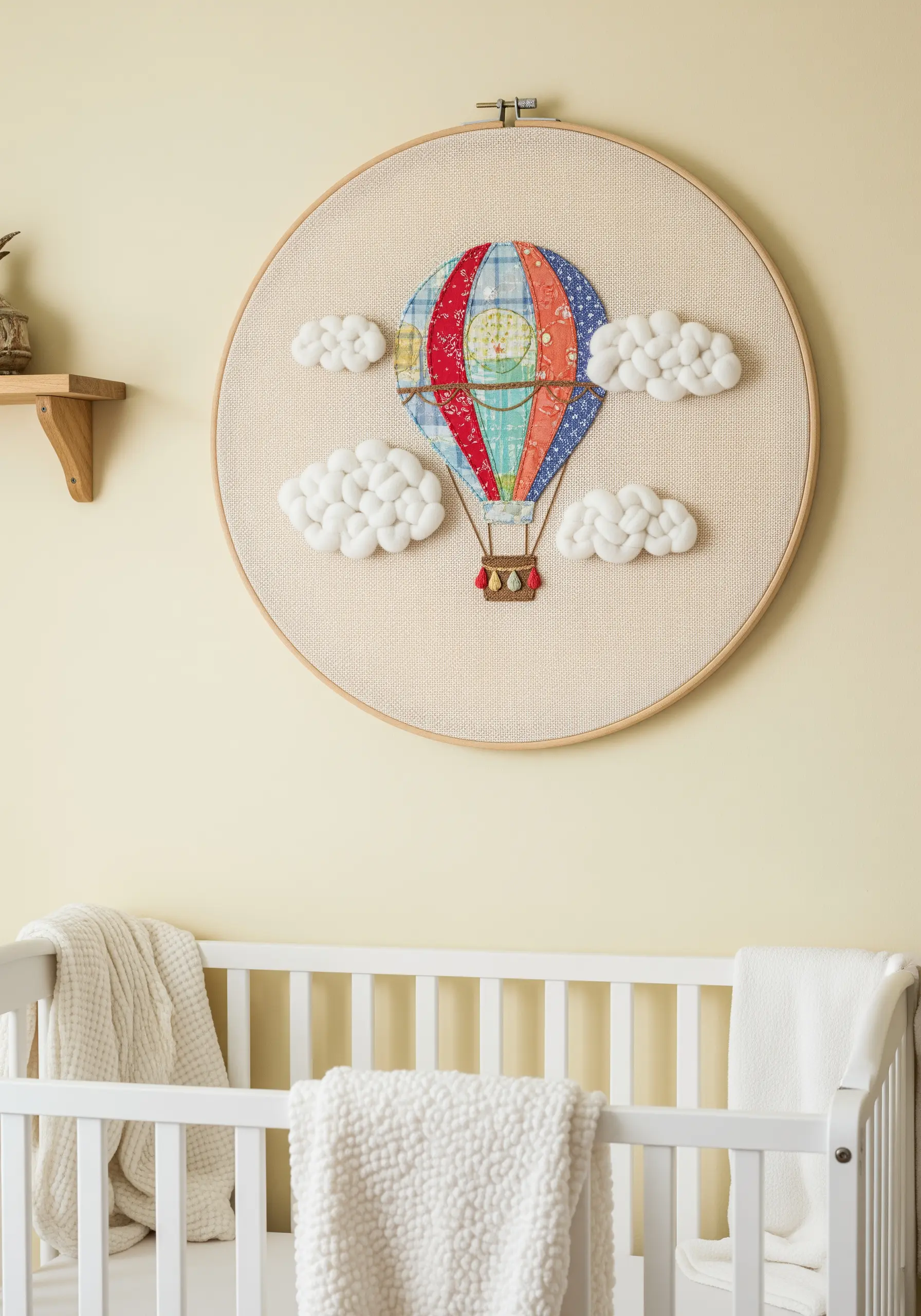 A hot air balloon embroidery in a nursery, with fabric appliqué and fluffy wool roving clouds.