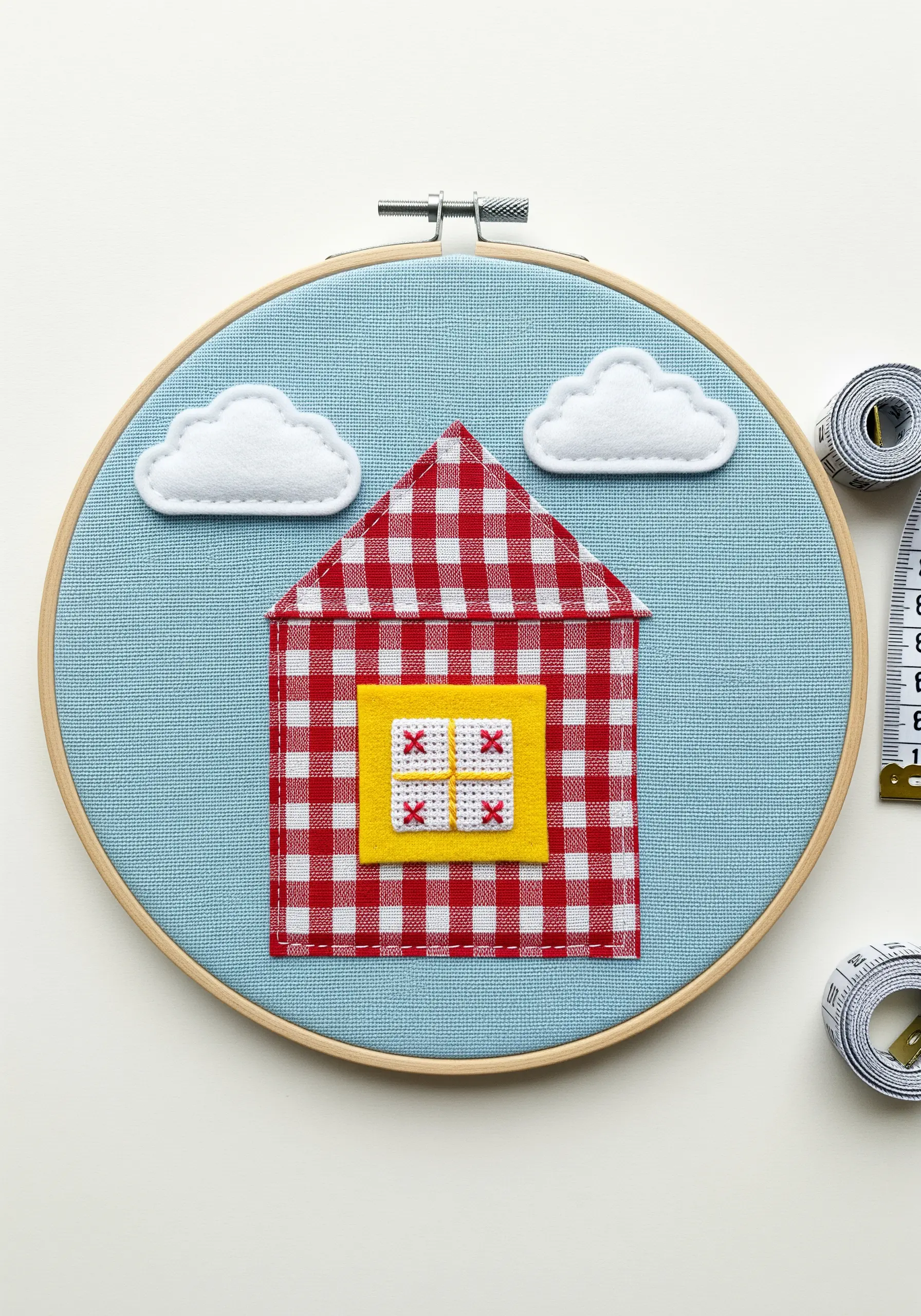 Fabric collage of a gingham house with felt clouds and window.