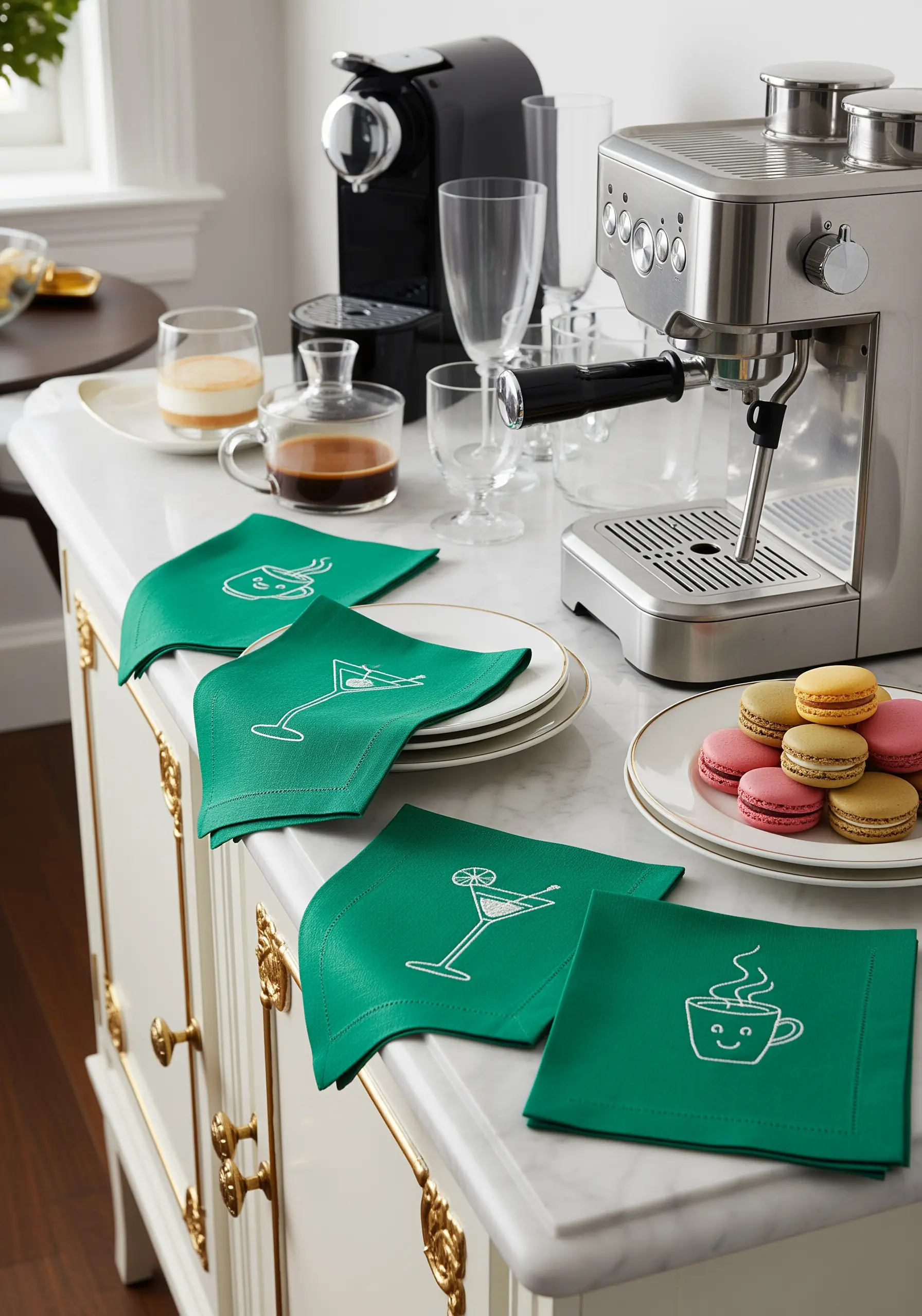 Bright green napkins with simple white line art of a coffee cup and cocktail glass.