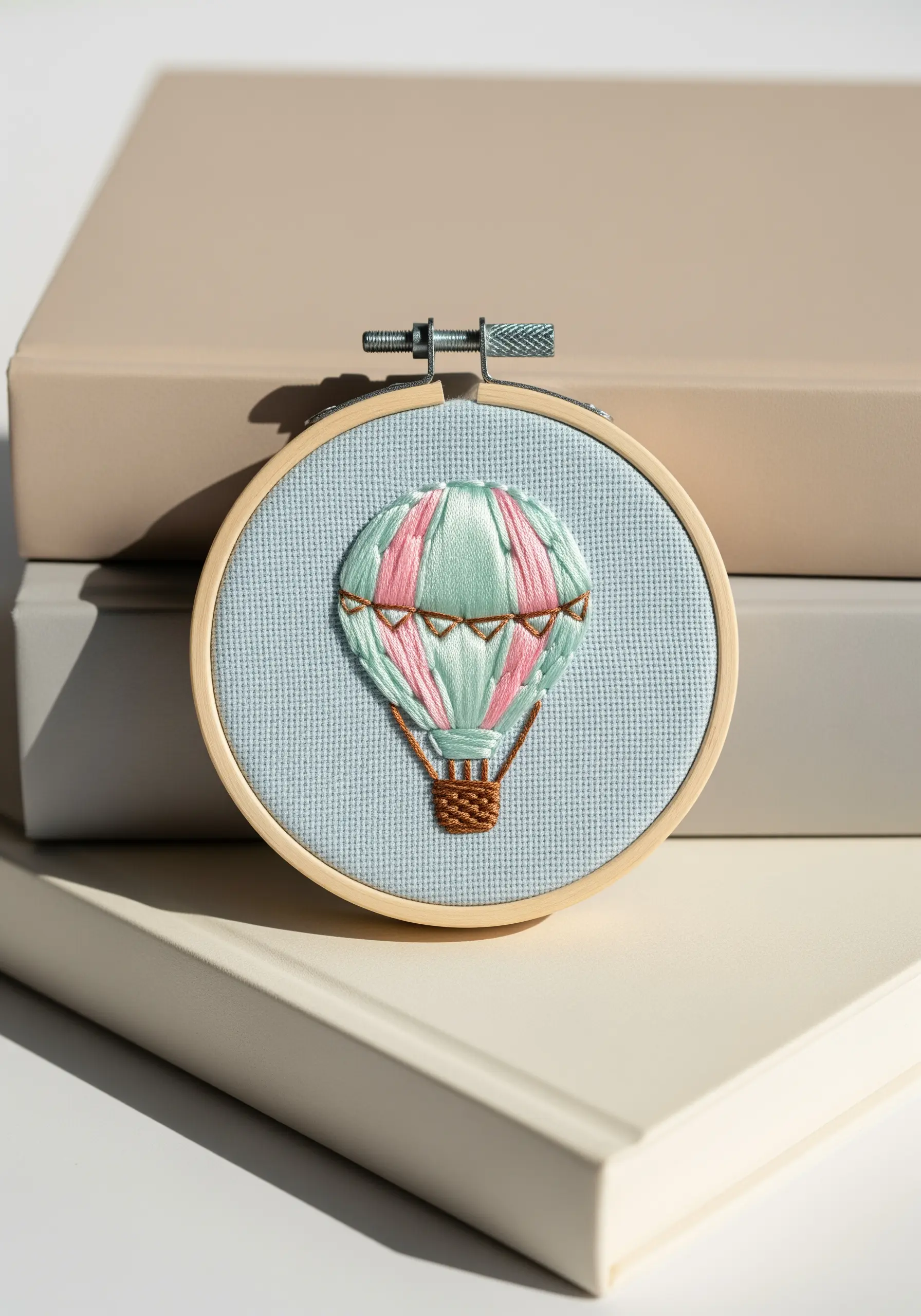 Color-blocked hot air balloon with satin stitch and split stitch outlines.