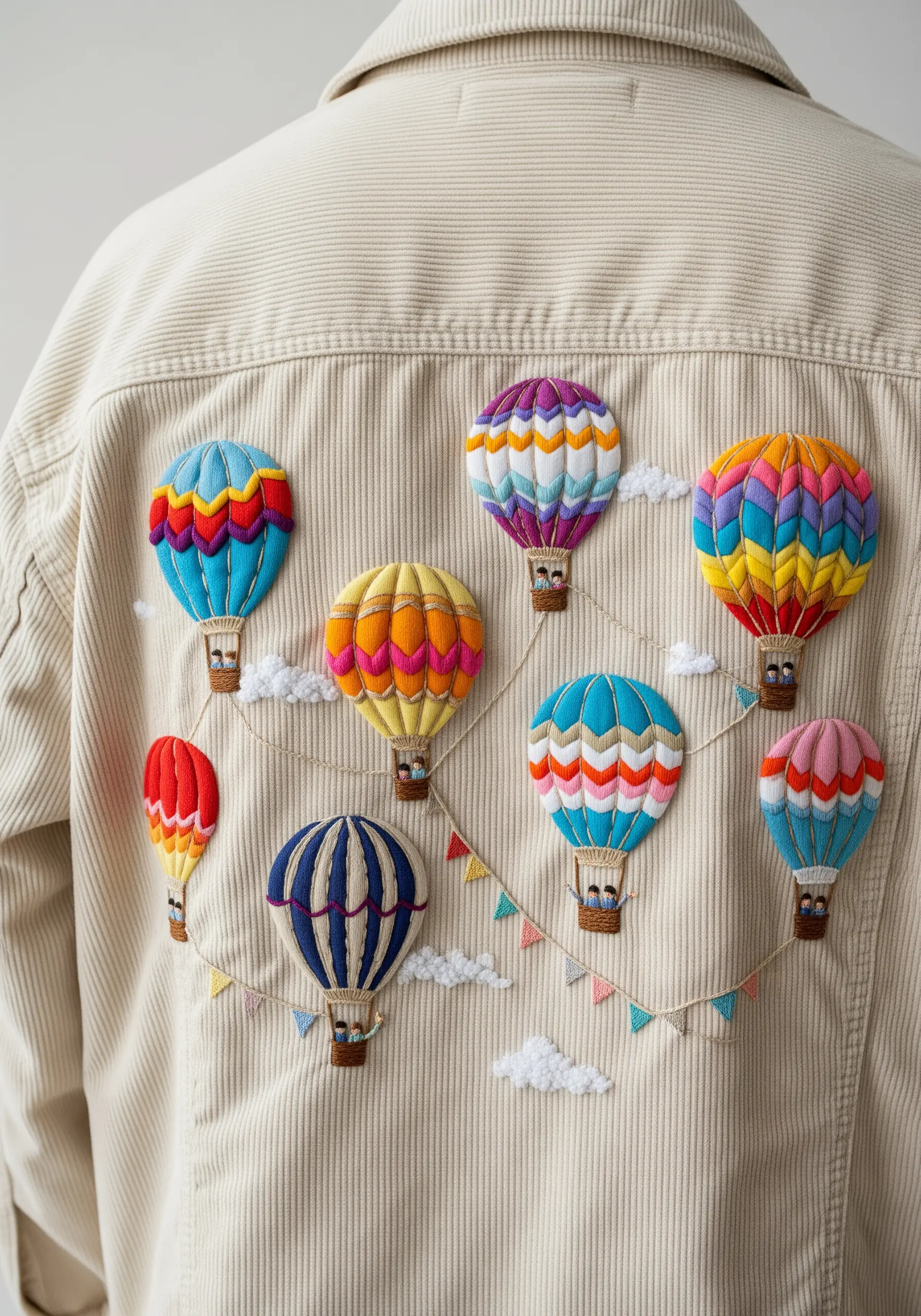 Colorful hot air balloon embroidery with padded satin stitch on a corduroy jacket.