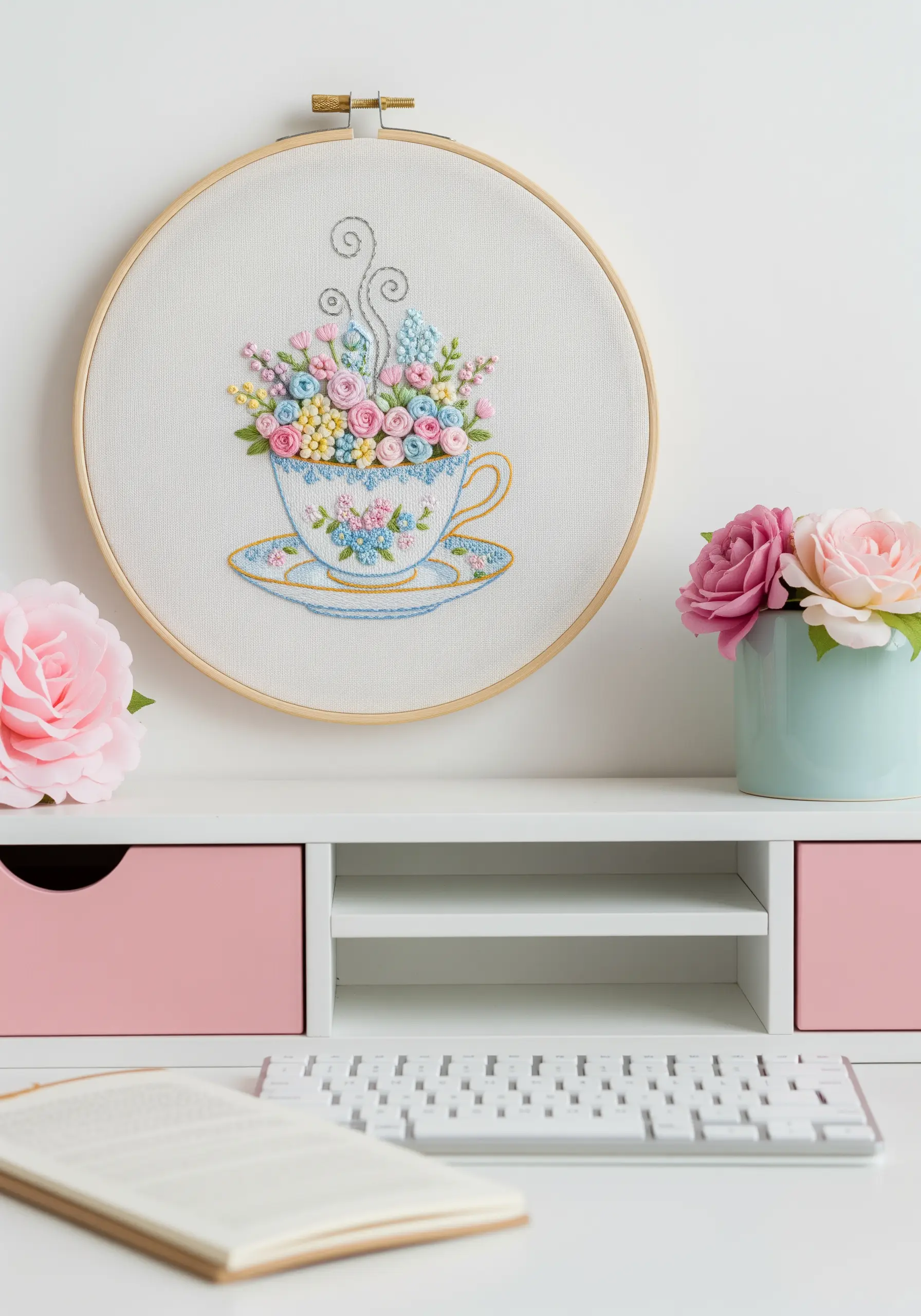 An embroidery hoop featuring a teacup overflowing with a bouquet of pastel 3D flowers.