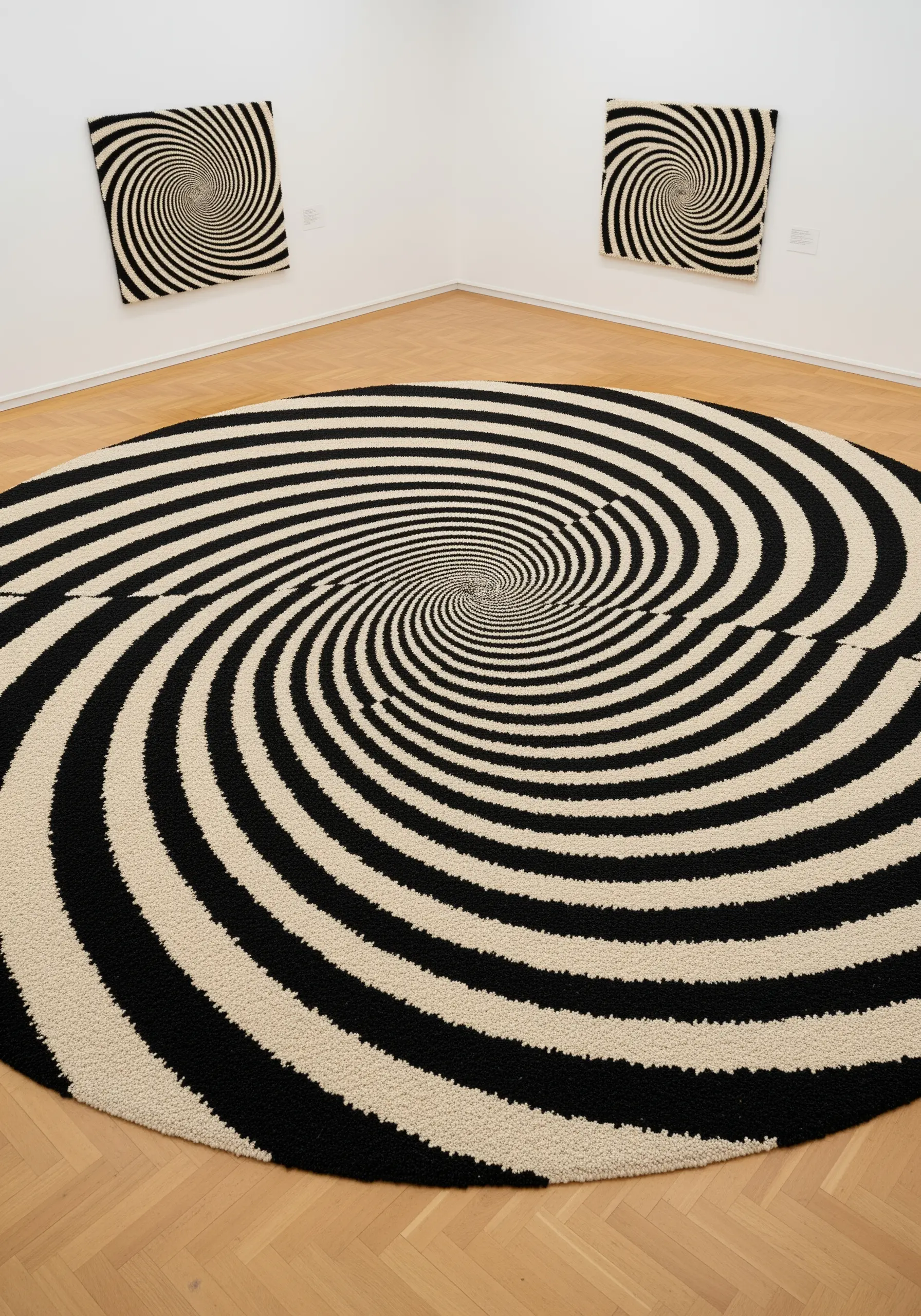A large circular rug with a black and white hypnotic spiral pattern that creates a vortex illusion.
