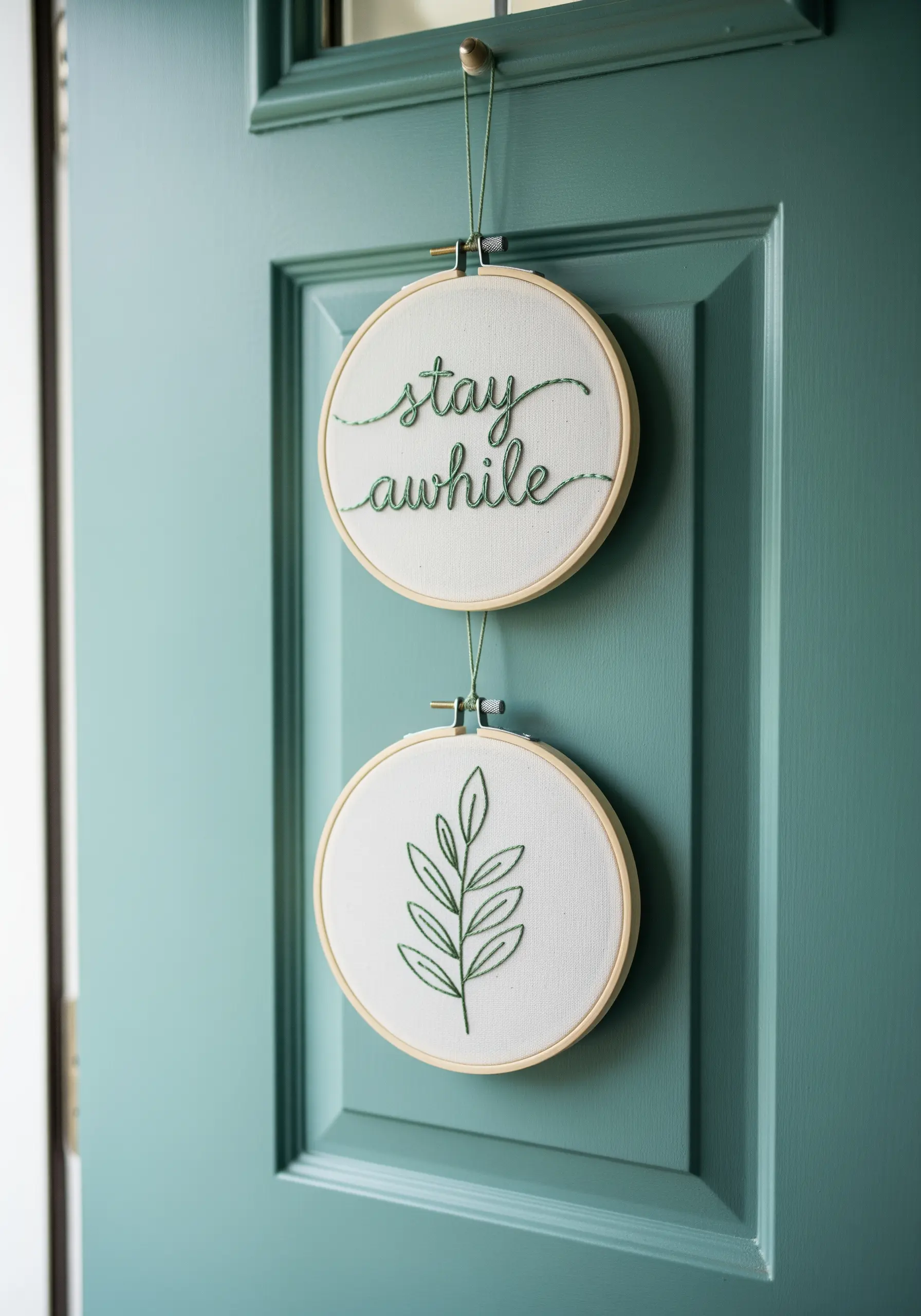 Two small embroidery hoops with 'stay awhile' script and a simple leaf branch.