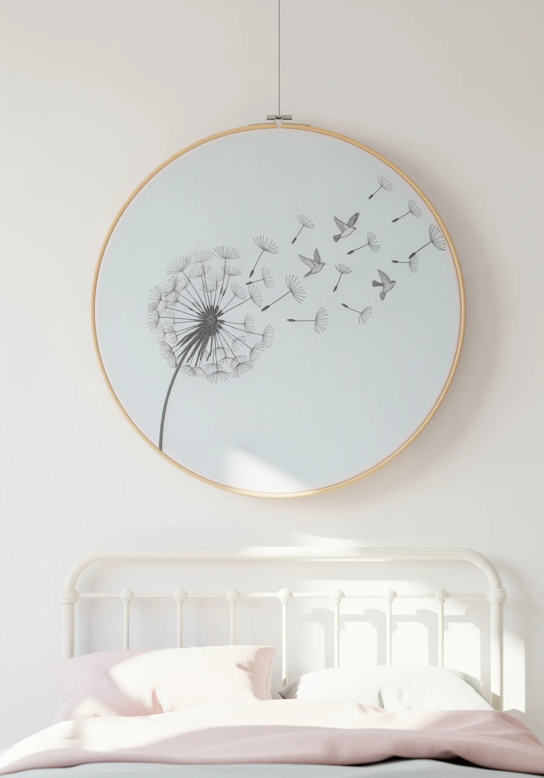 Minimalist embroidery in a hoop showing a dandelion's seeds blowing away and turning into birds.