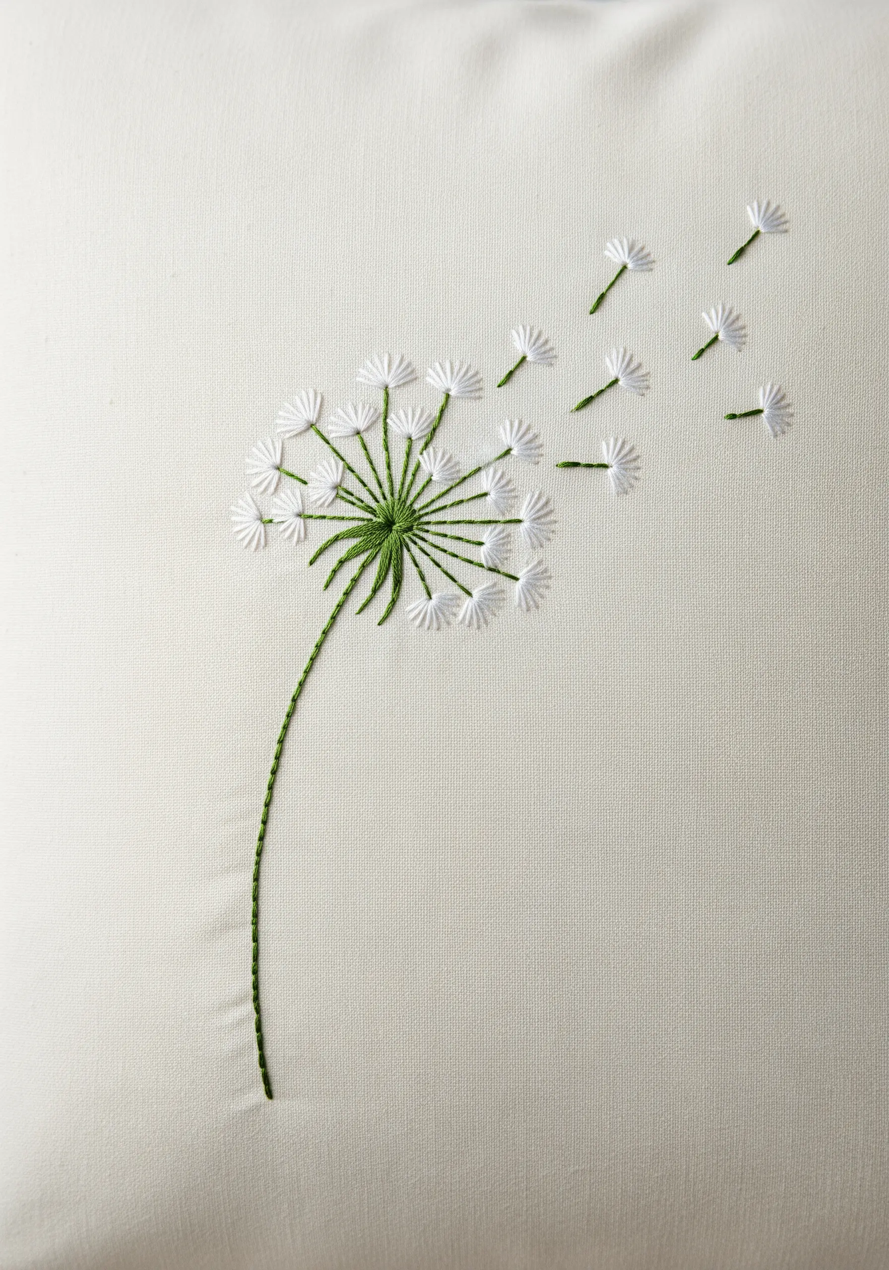 An embroidered dandelion with seeds blowing away, created with lazy daisy and straight stitches.