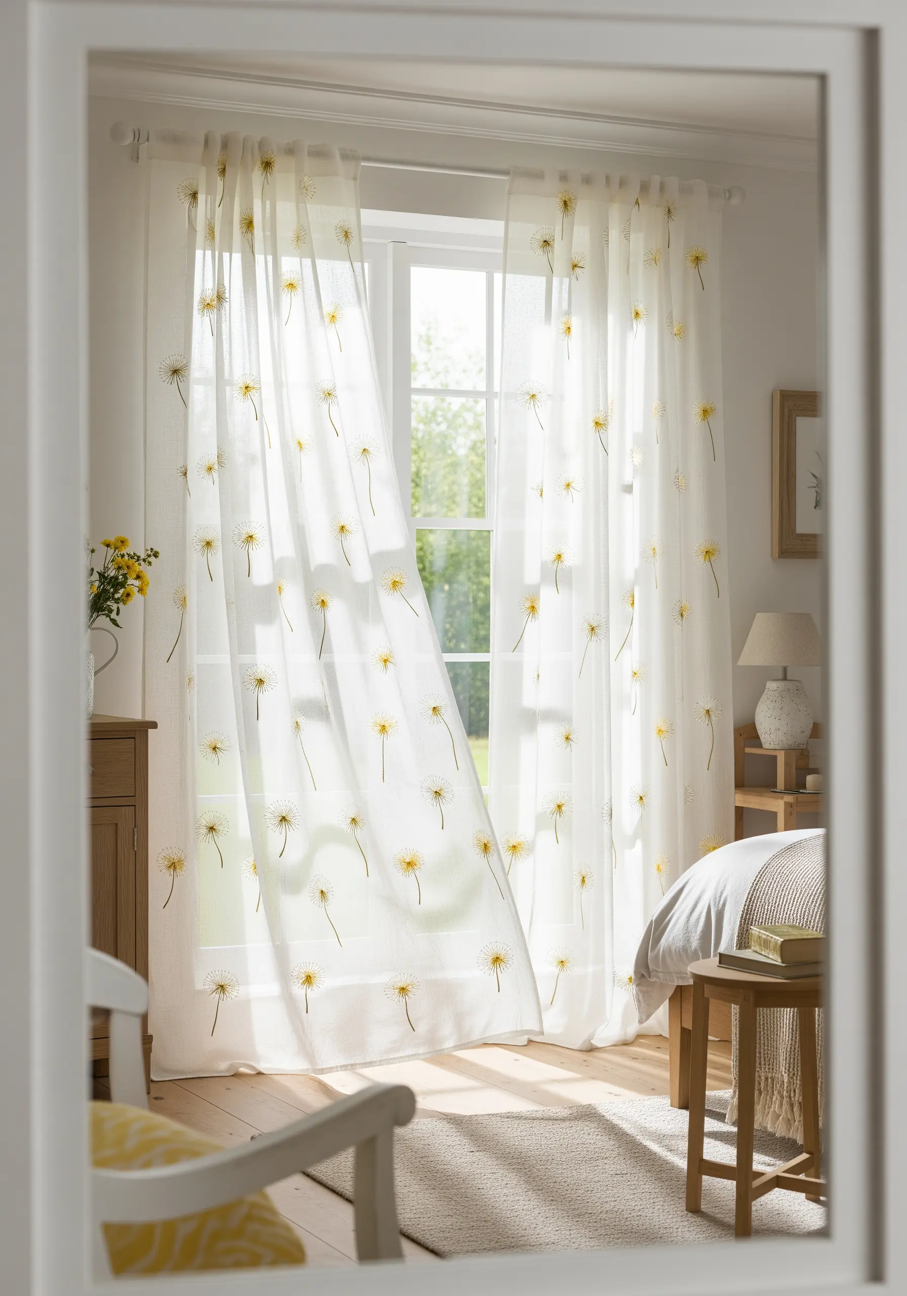 Sheer white curtains embroidered with delicate yellow and white dandelion puffs.