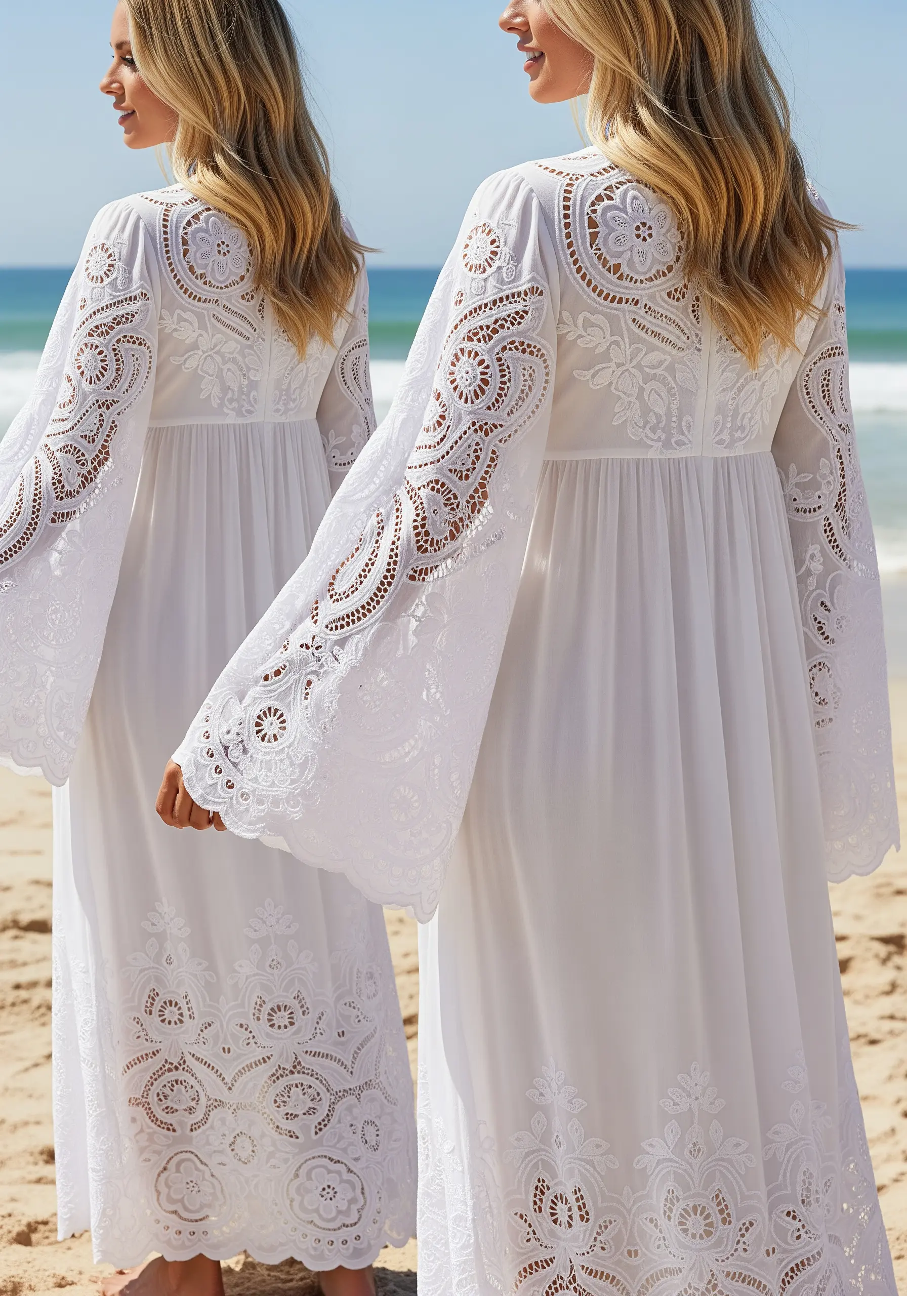 Intricate white-on-white cutwork embroidery on the sleeves and hem of a flowing white beach dress.