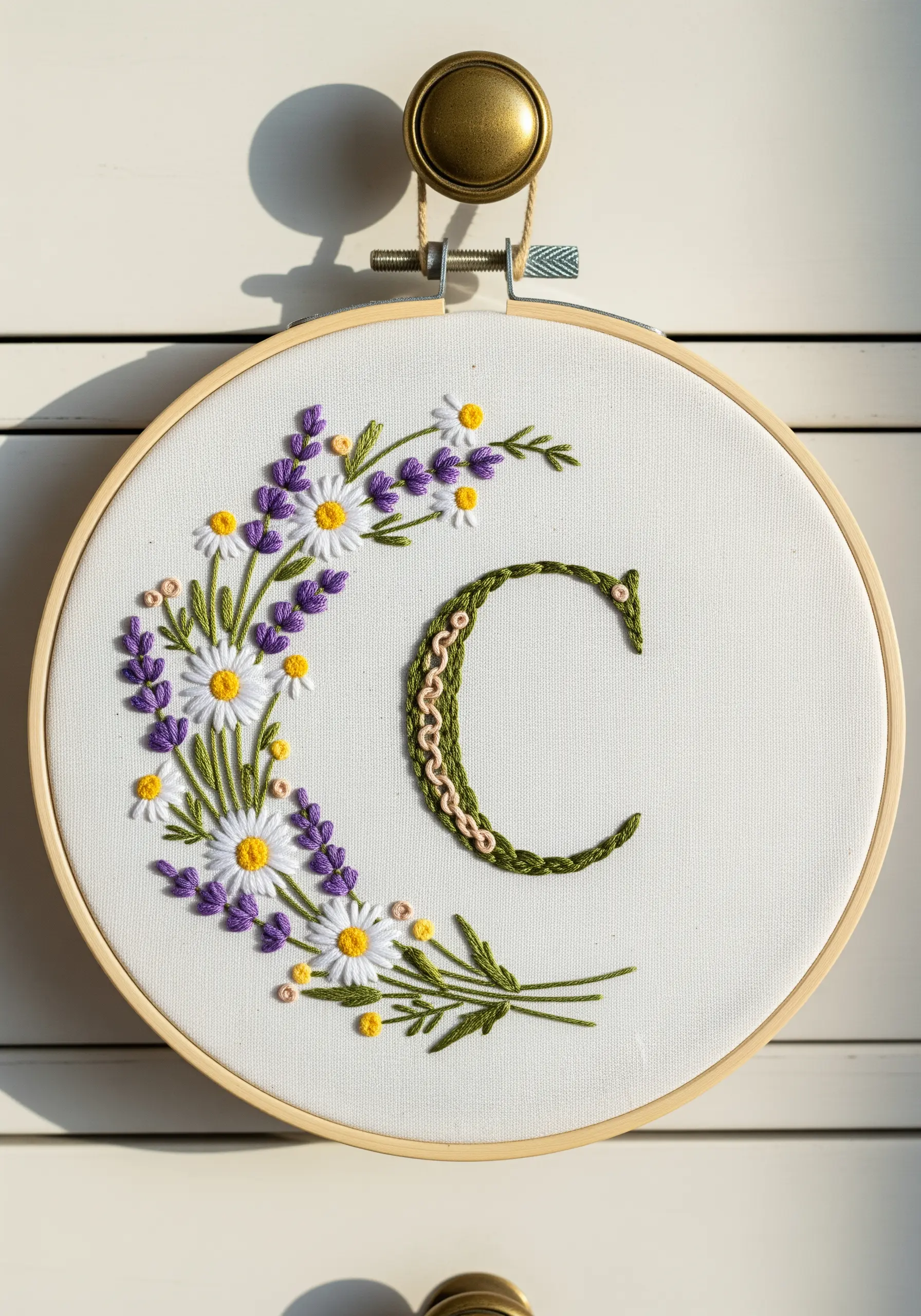 Letter C with a floral crescent of daisies, lavender, and greenery on white fabric.