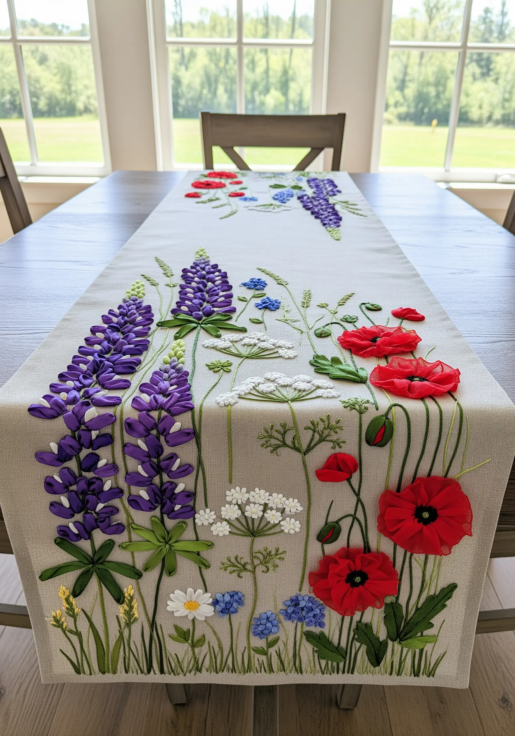 A linen table runner featuring a vibrant wildflower meadow with ribbon poppies, lupines, and daisies.