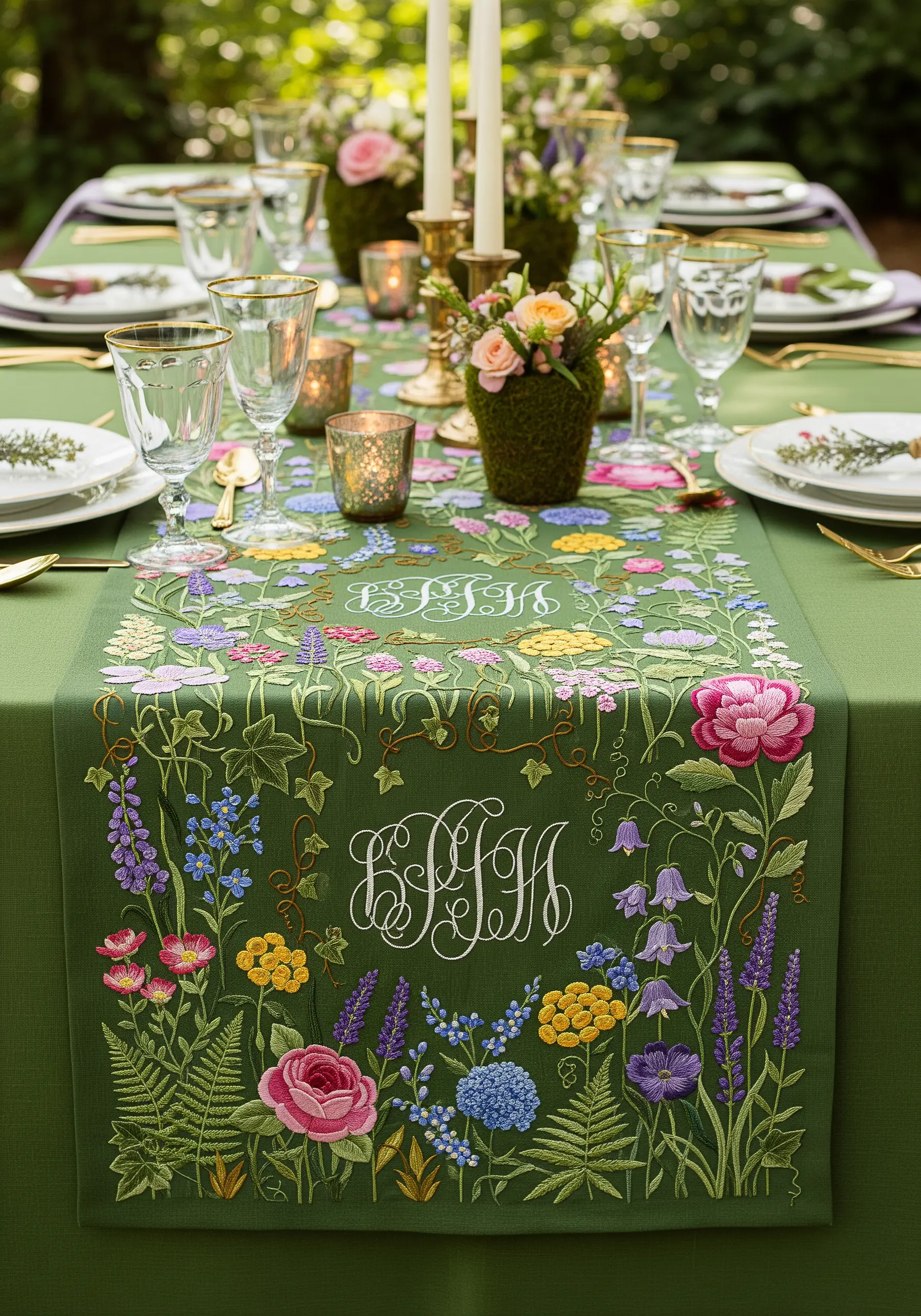 A lush, densely embroidered wildflower meadow on a green table runner with a white monogram.