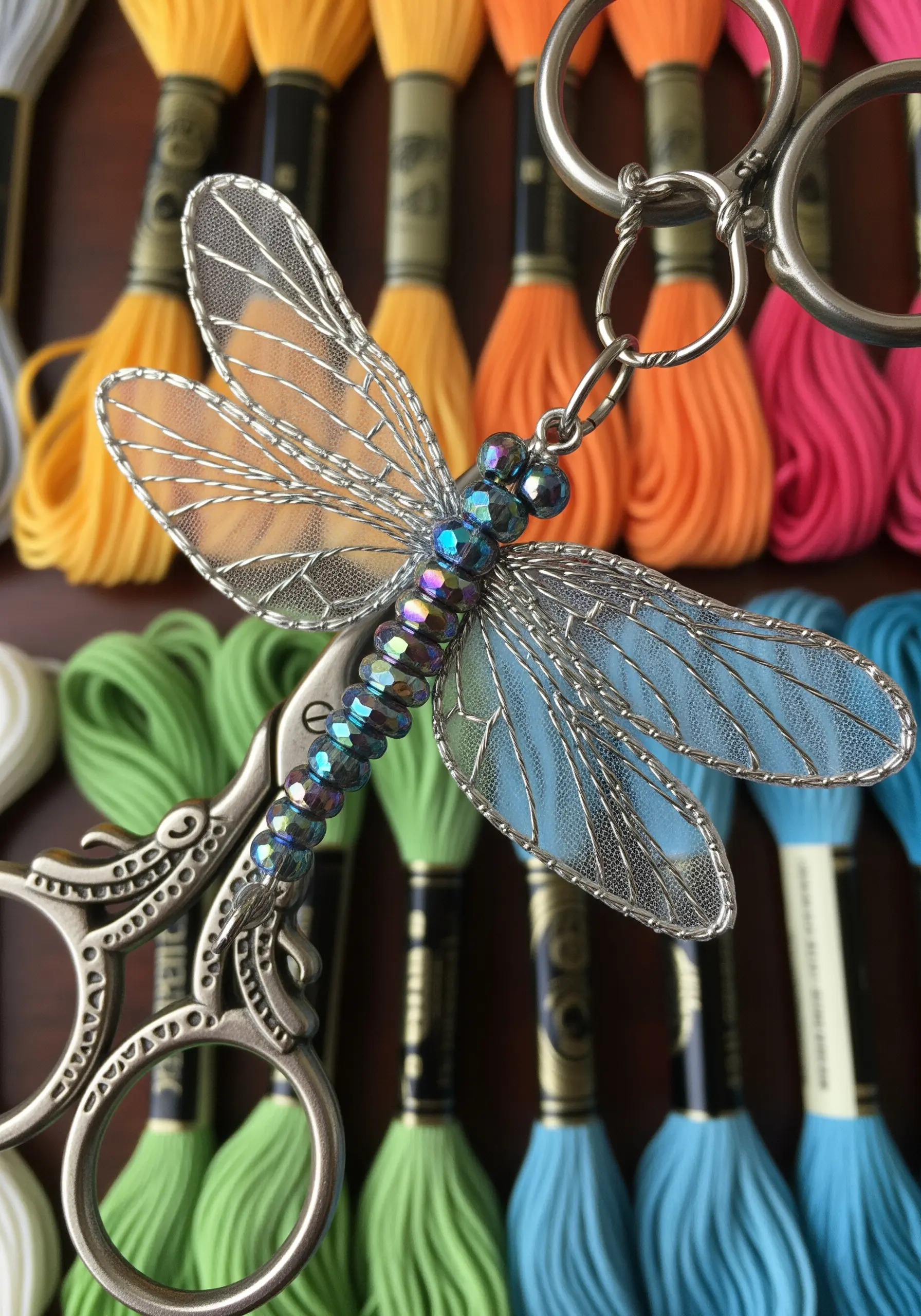 Ornate scissor fob shaped like a dragonfly with delicate, transparent wings.