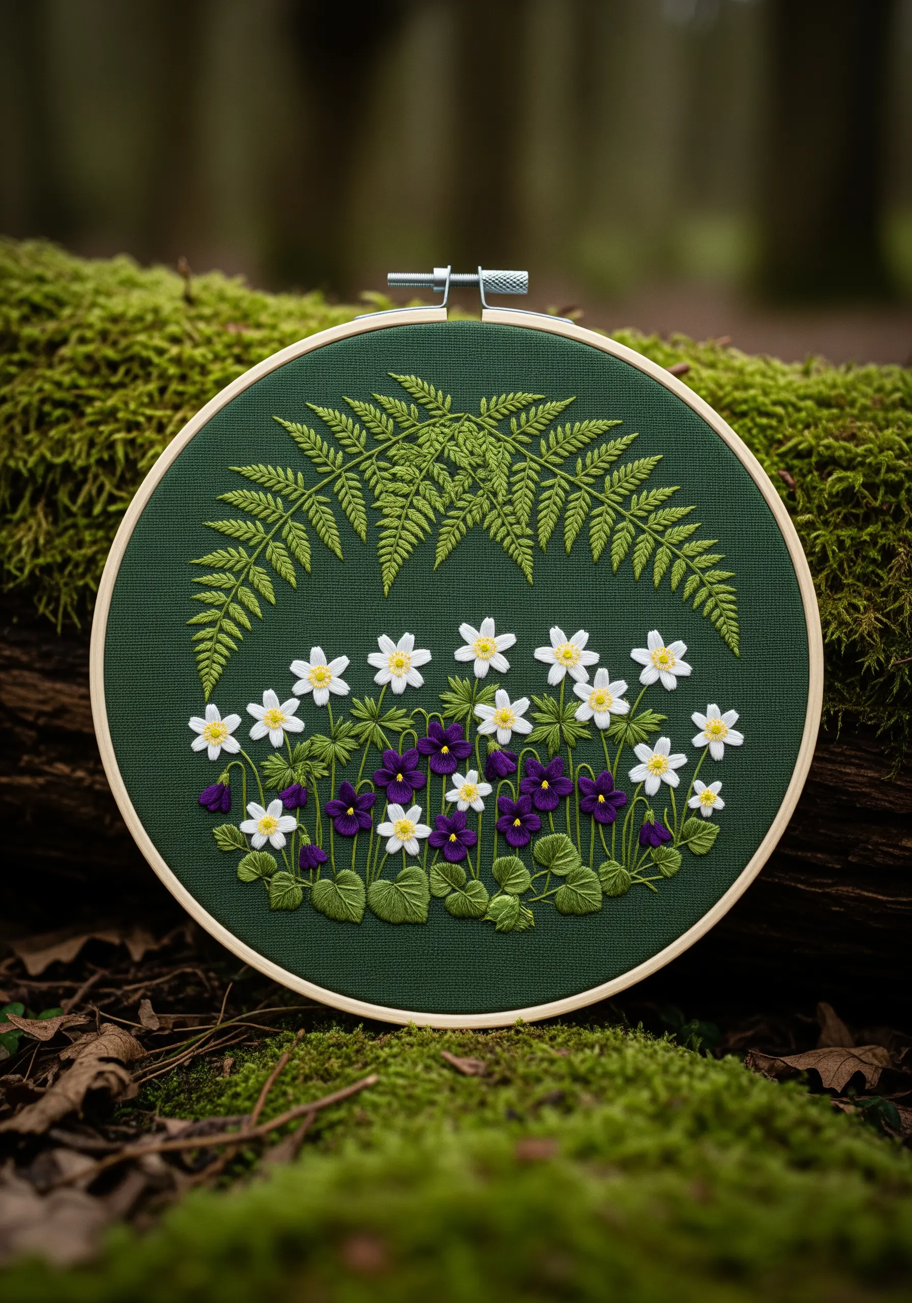 Embroidery of white anemones, purple violets, and ferns on dark green fabric.