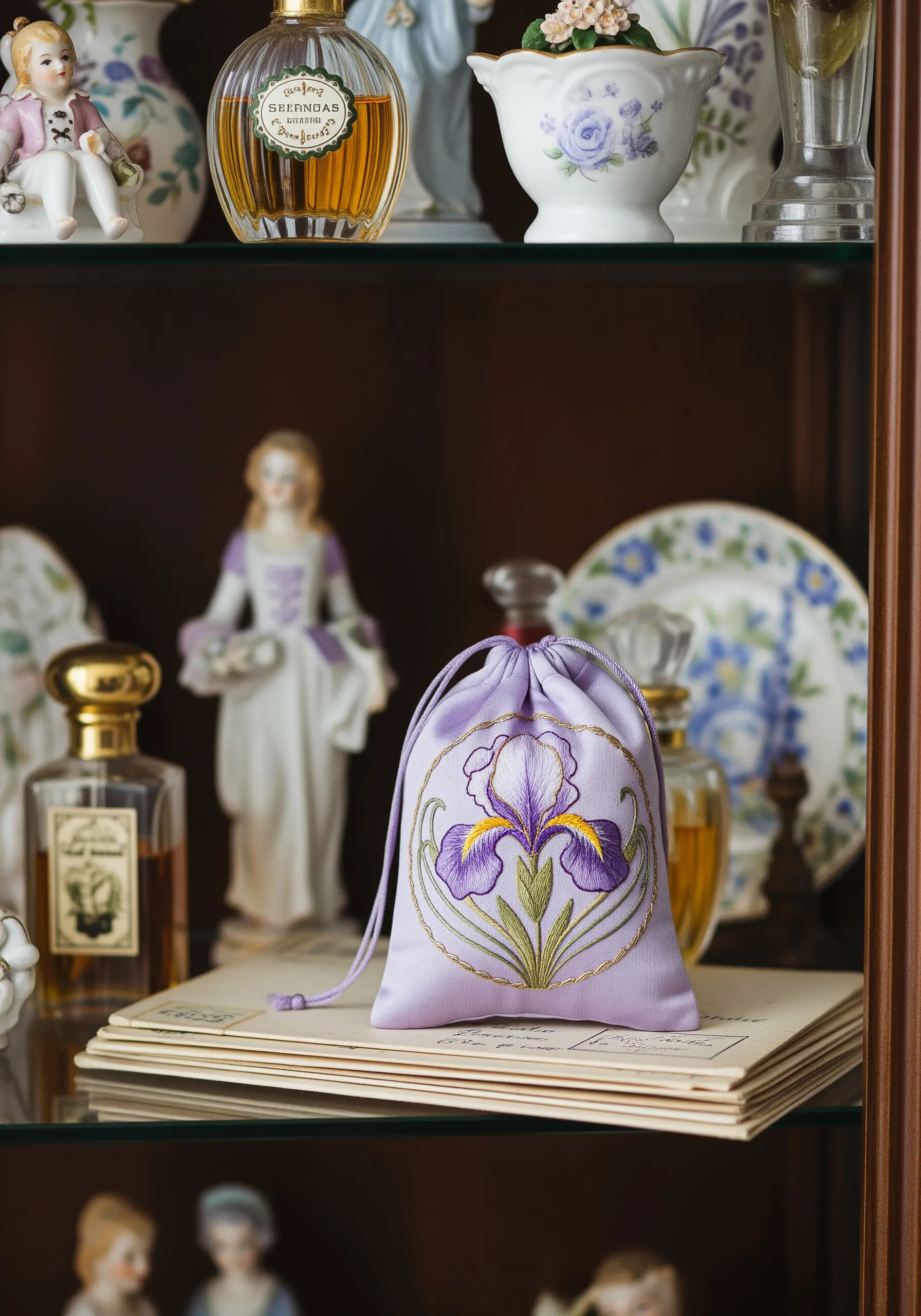 A purple and yellow iris embroidered with metallic gold outlines on a lilac satin pouch.