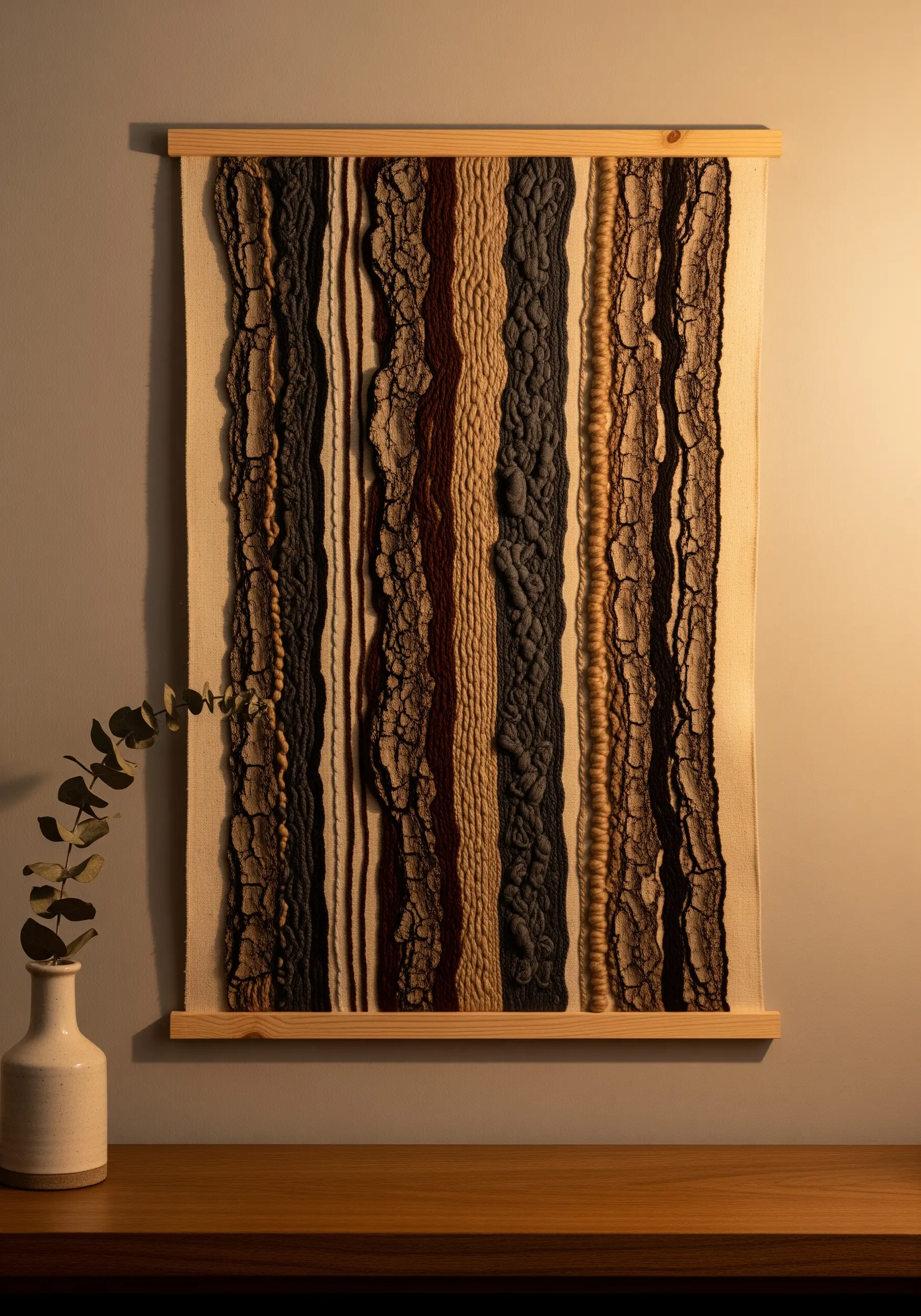A large textile wall hanging with vertical stripes of textured yarn emulating tree bark.