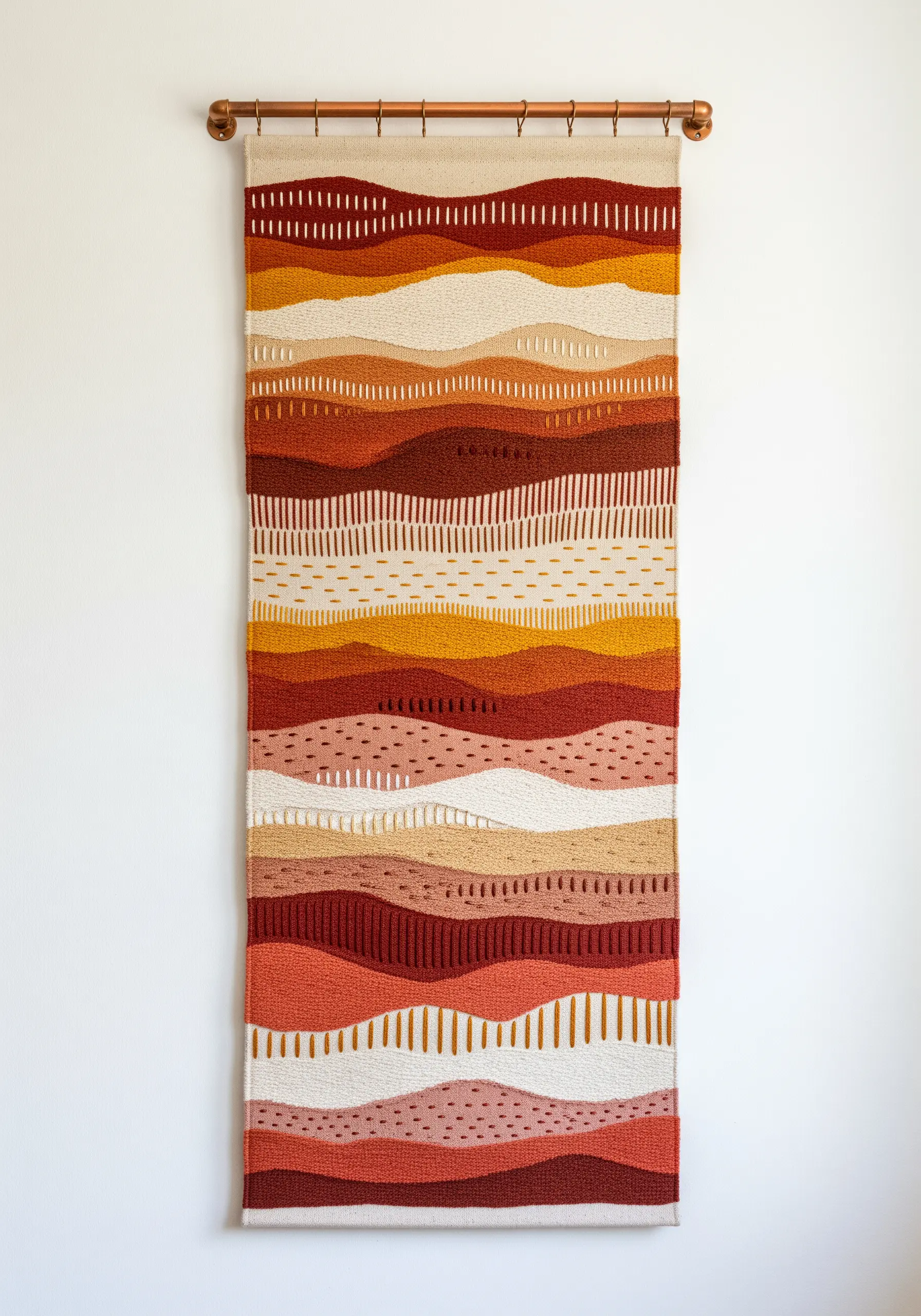 A long textile wall hanging with wavy horizontal bands of color and texture in earthy desert tones.