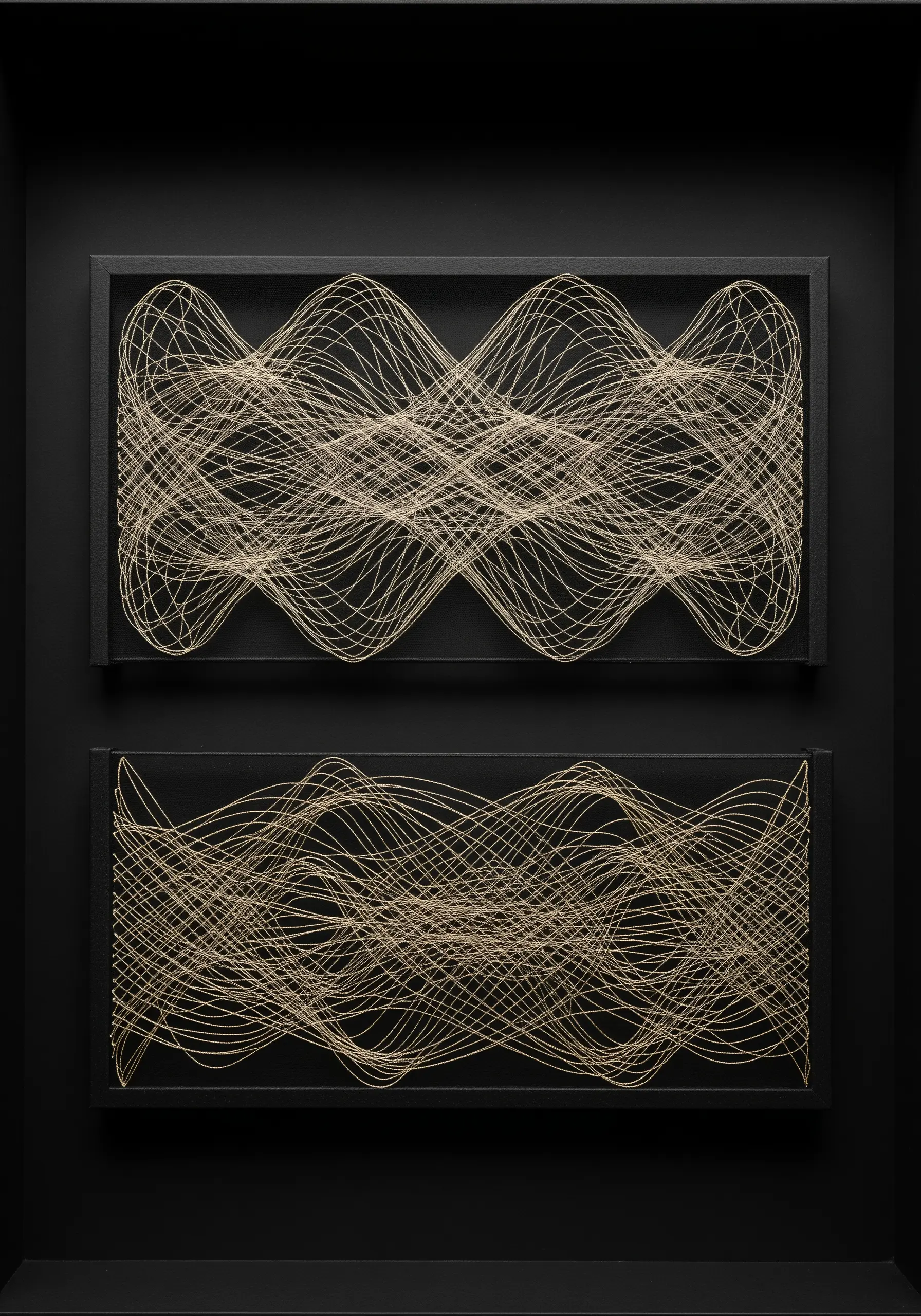 Two panels of intricate string art with gold thread creating wave patterns.