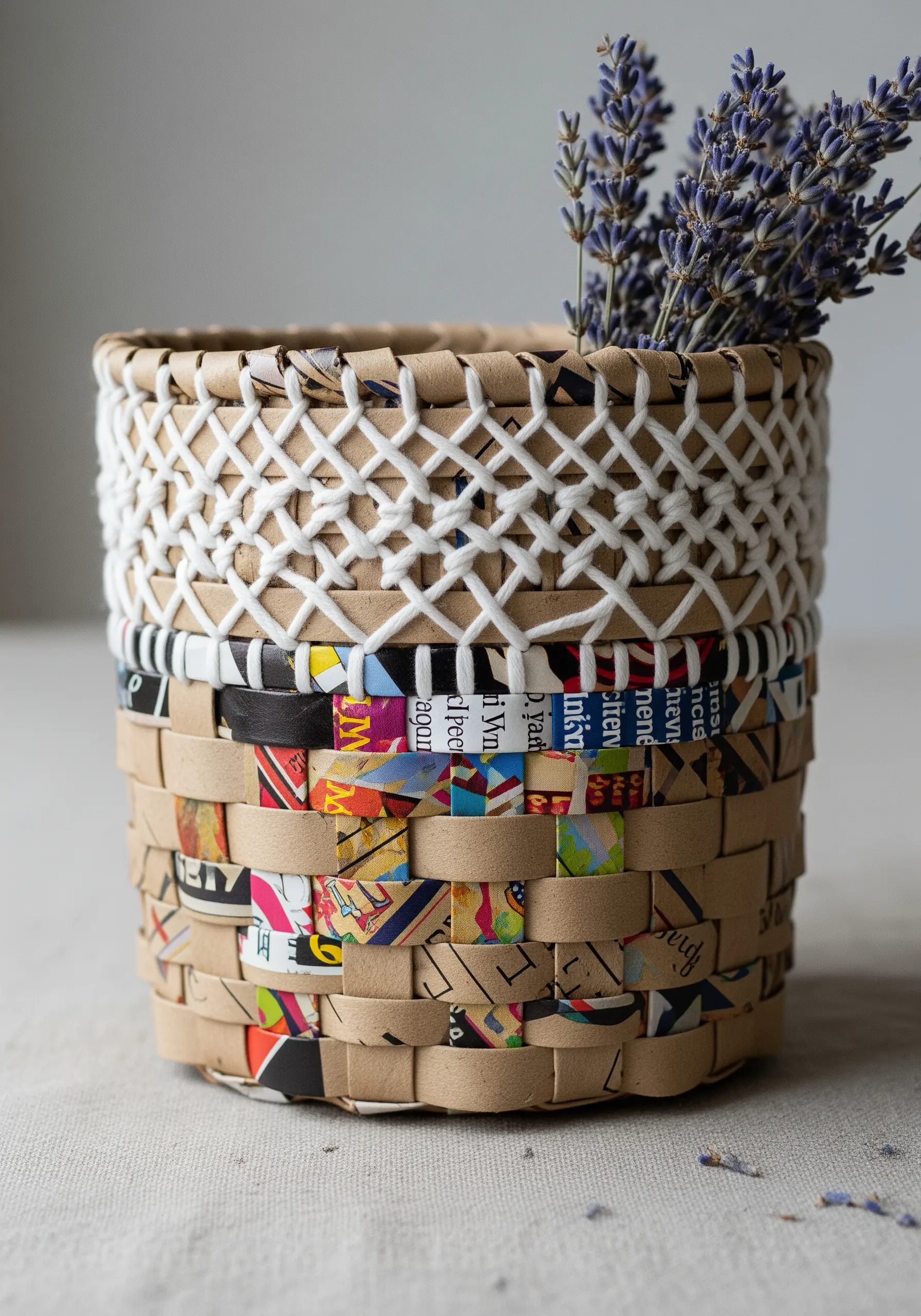 A basket woven from paper strips, with a decorative white thread lattice stitched around the rim.