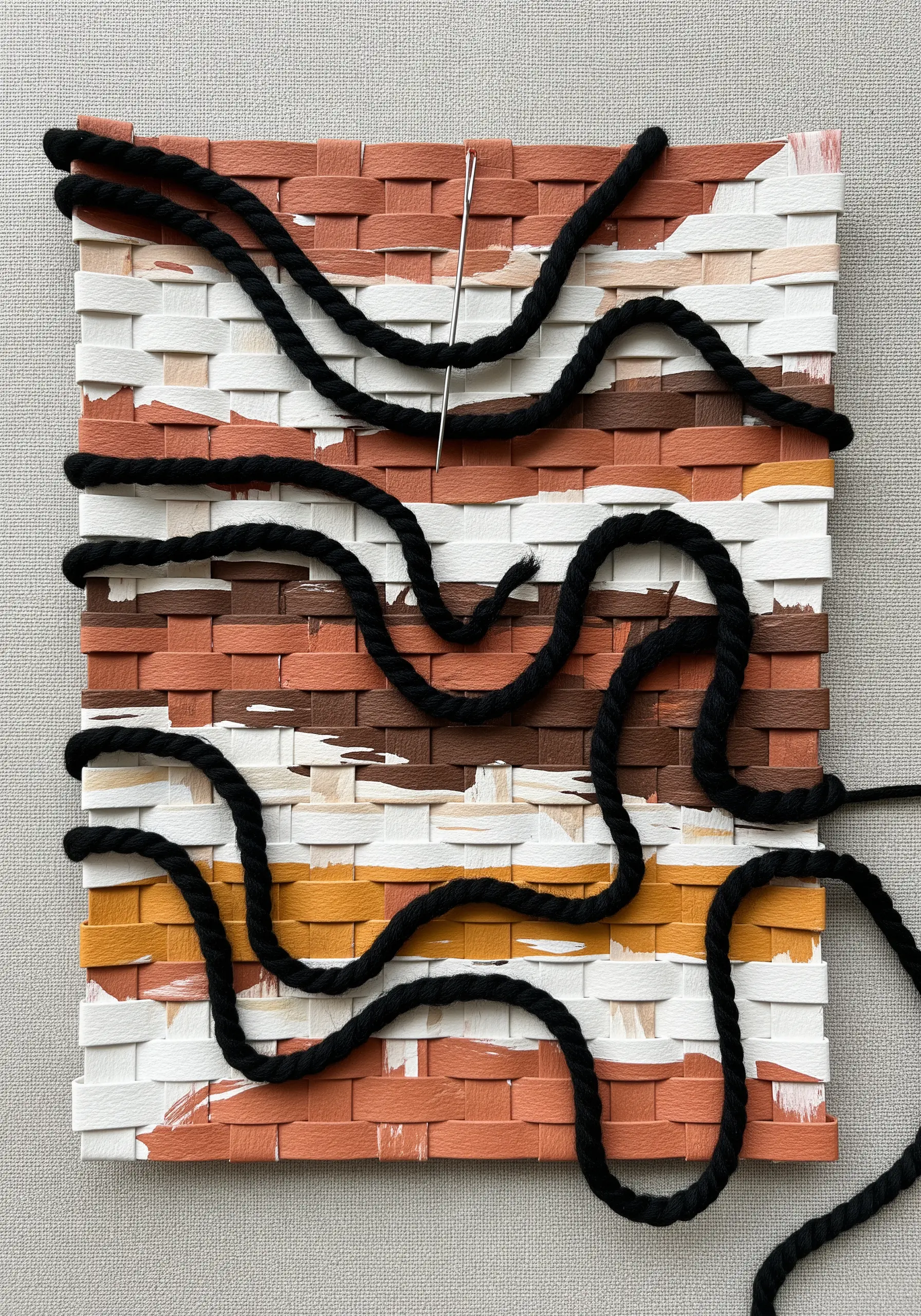 Abstract art with woven painted paper and couched black yarn.