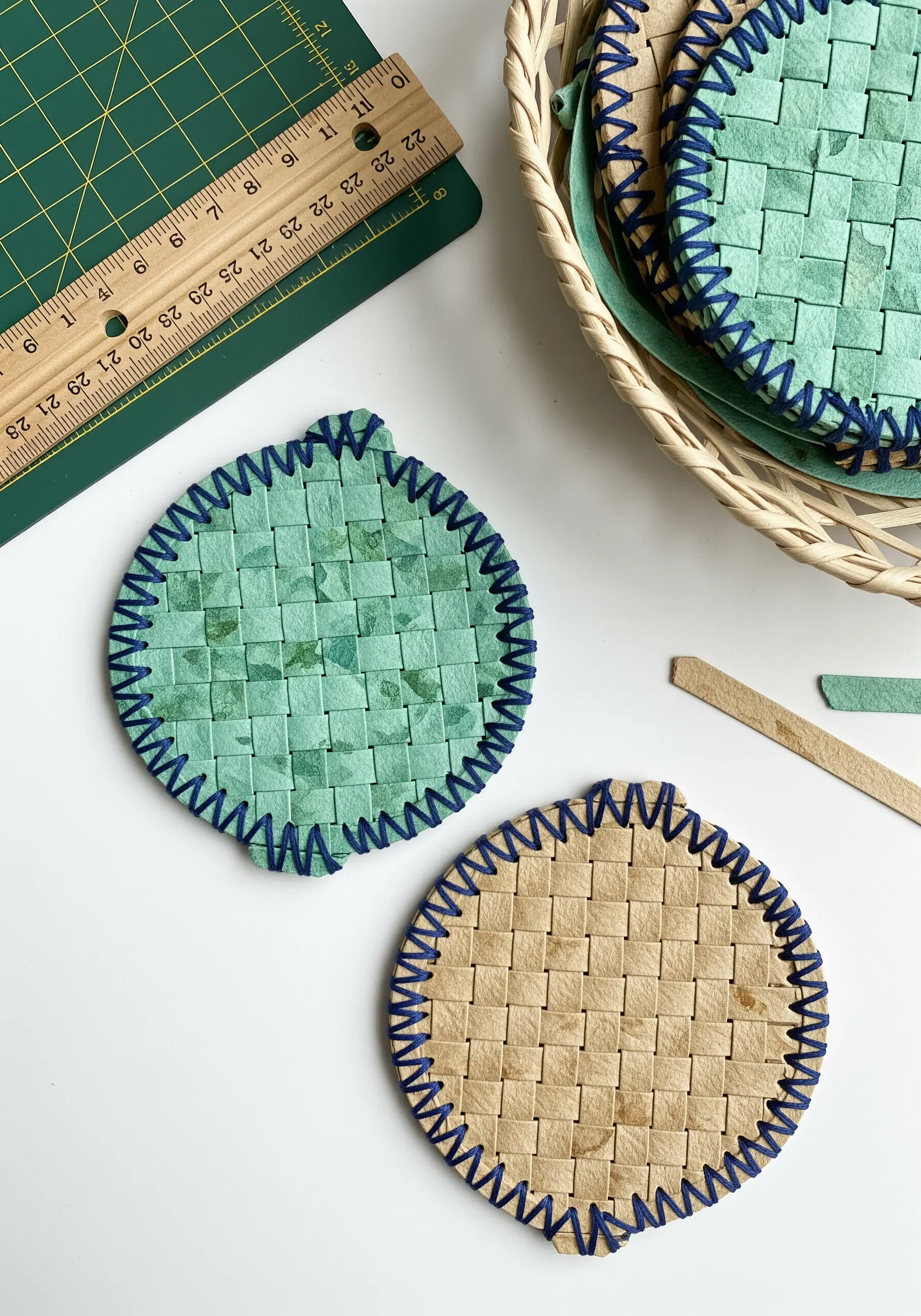 Round woven paper coasters with a decorative navy blue blanket stitch border.