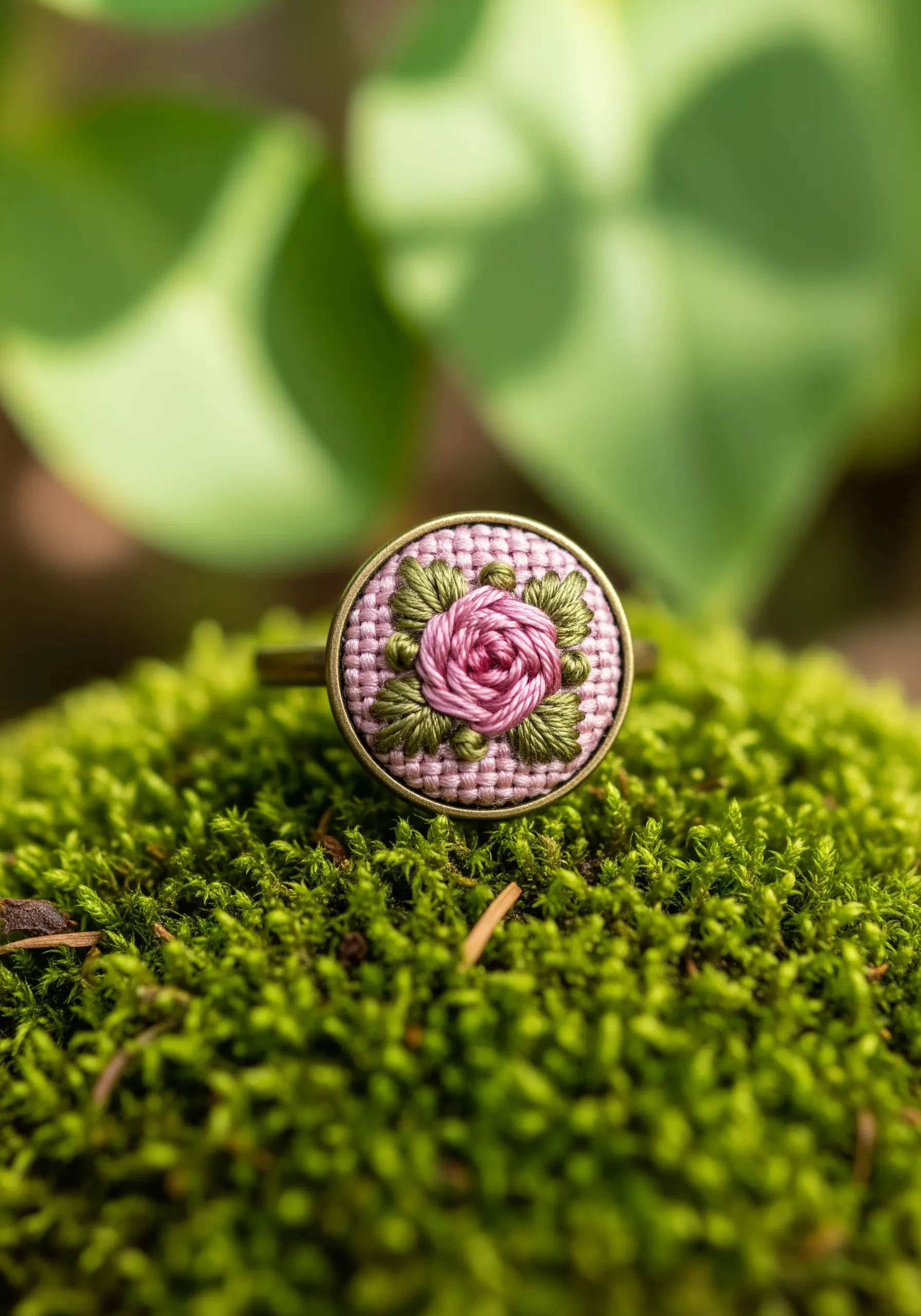 An embroidered ring featuring a three-dimensional pink woven wheel stitch rose with green leaves.