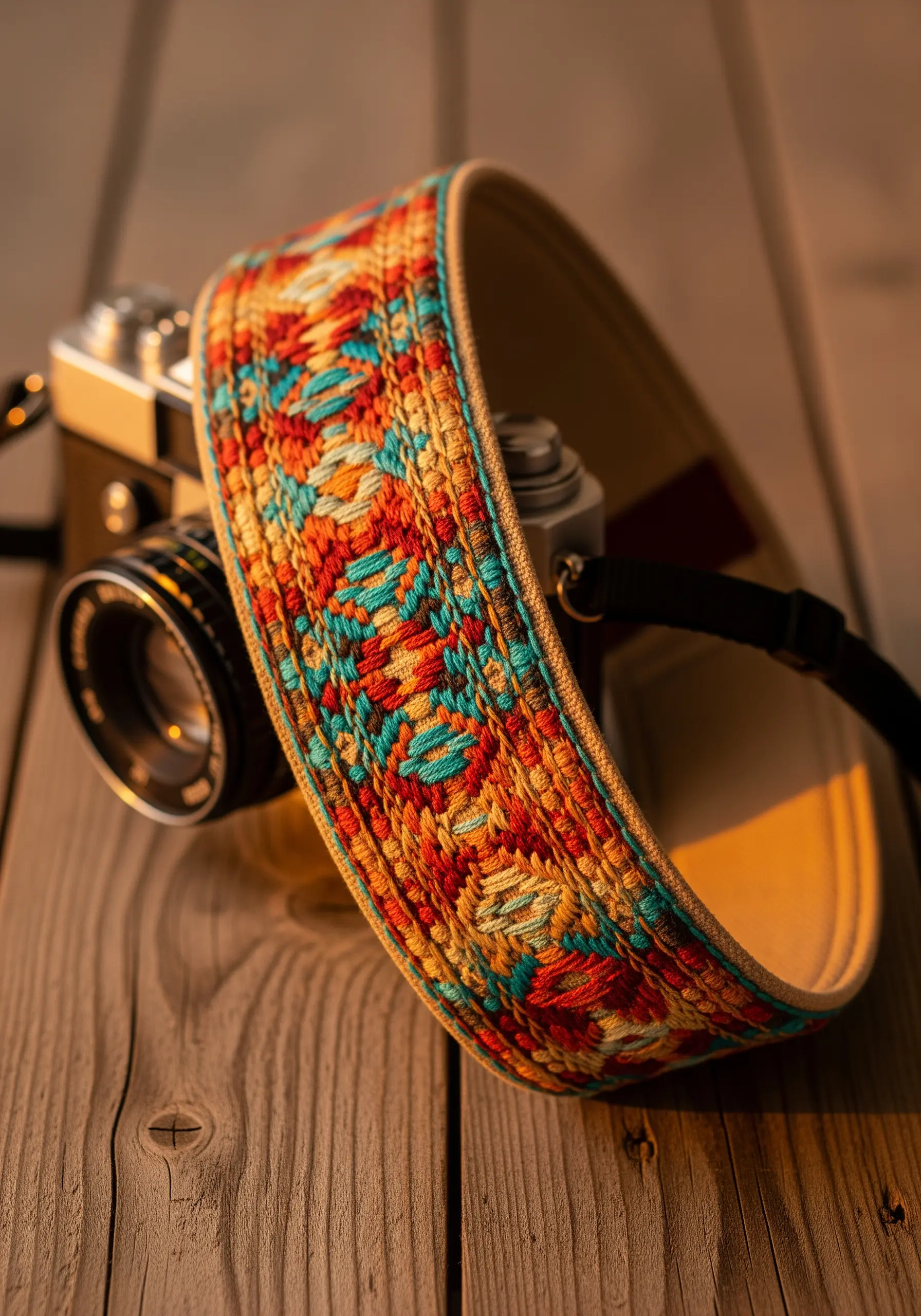 A camera strap with a colorful, geometric bargello embroidery pattern in warm tones.