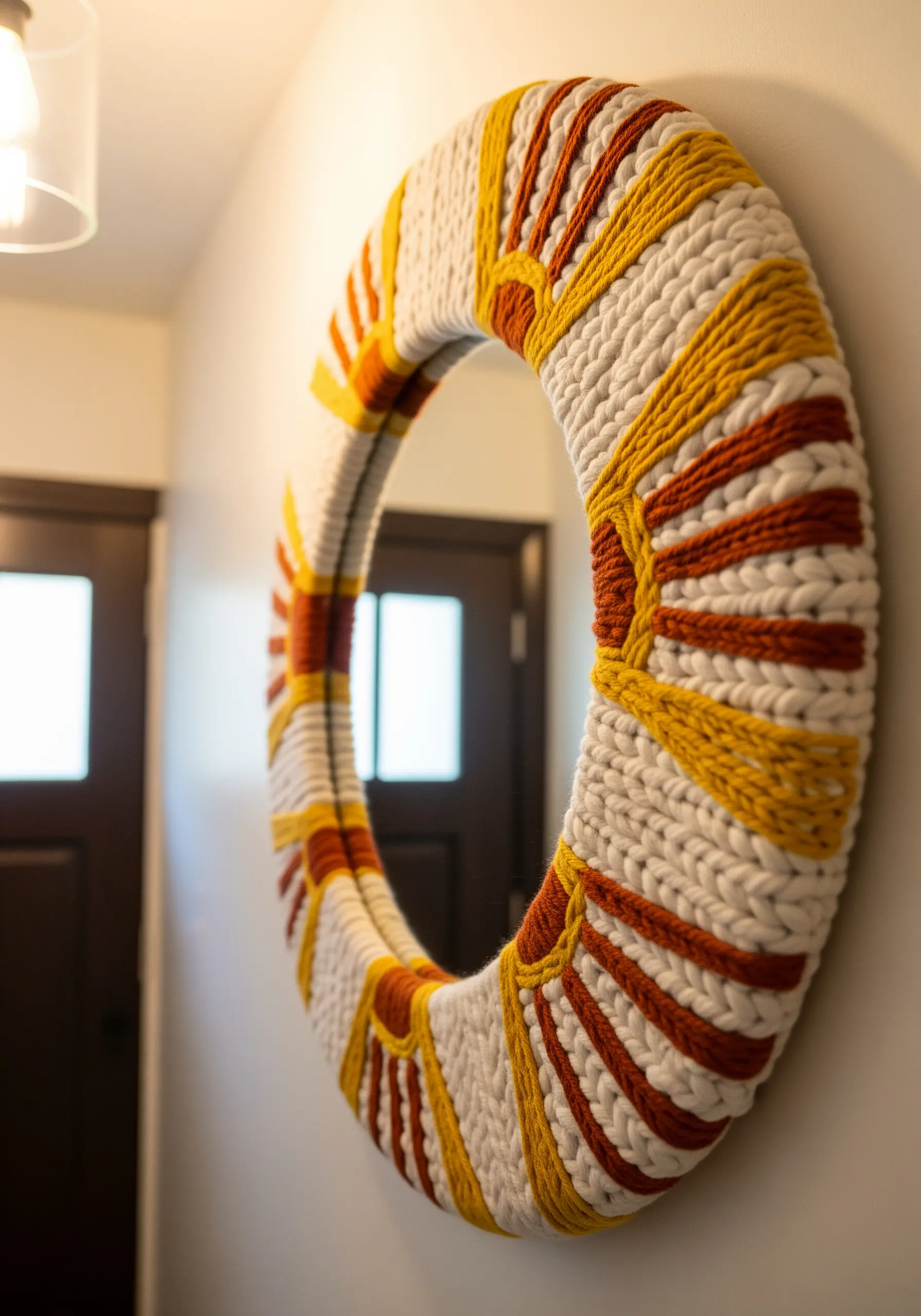 A round mirror with a frame wrapped in chunky white, yellow, and orange yarn.