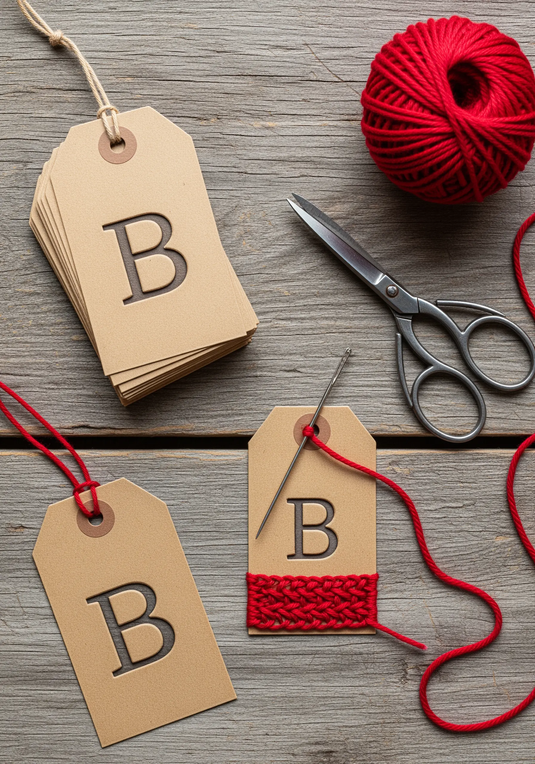 Gift tag embellished with red woven yarn for a textured effect.