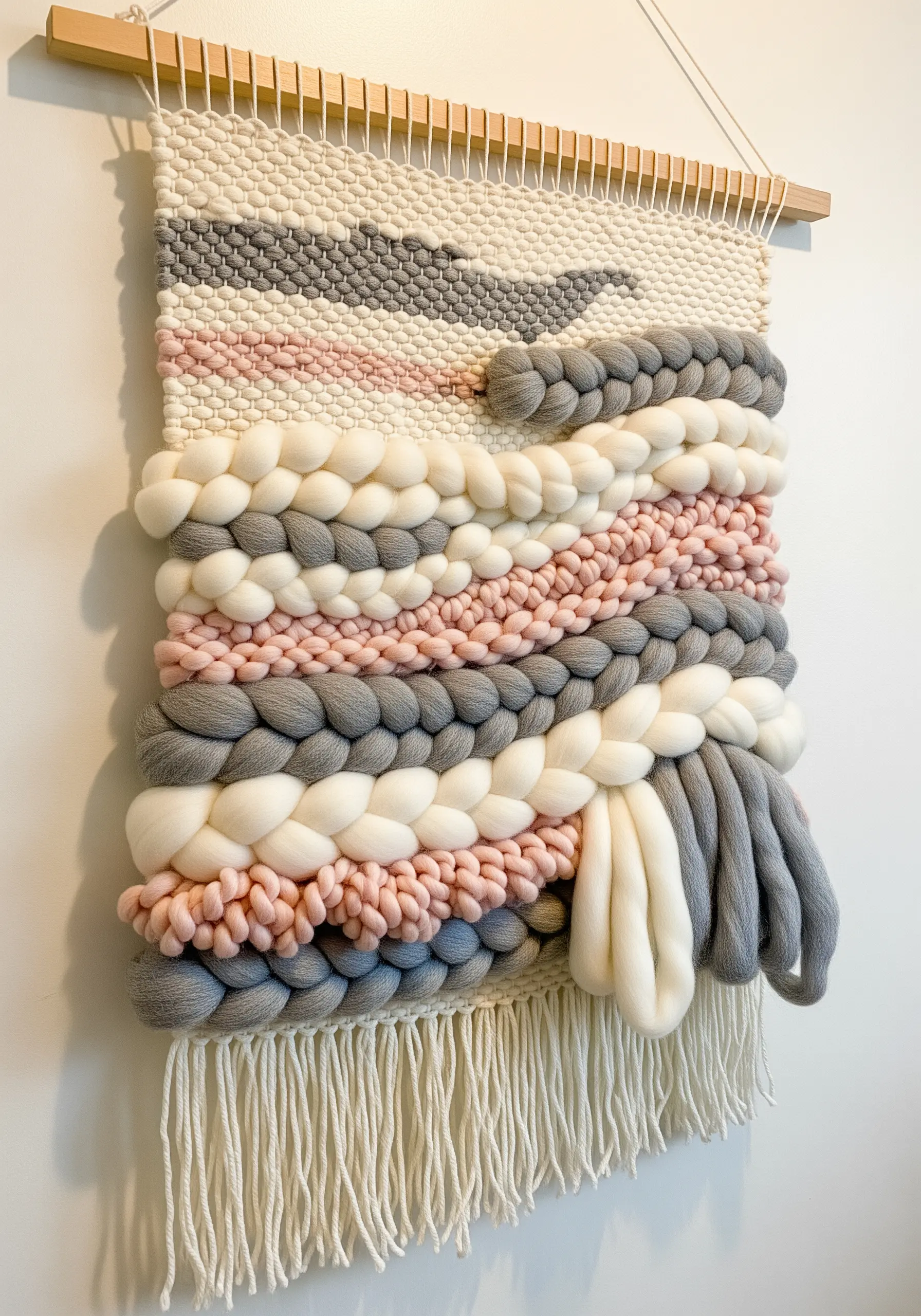 Chunky woven wall hanging with thick wool roving, braids, and fine threads in pink, grey, and white.