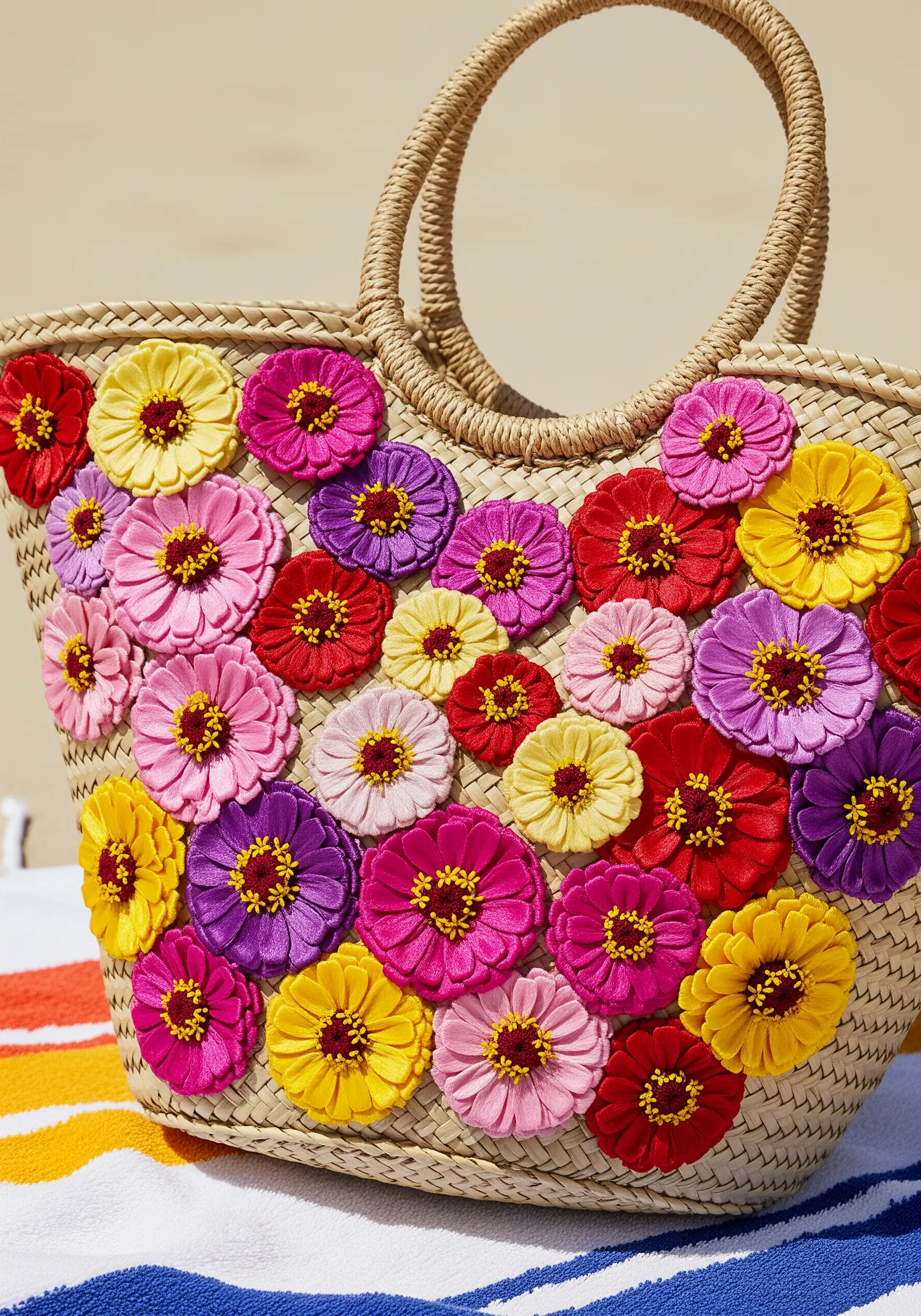 A straw tote bag covered in a dense cluster of colorful, dimensional fabric flowers.
