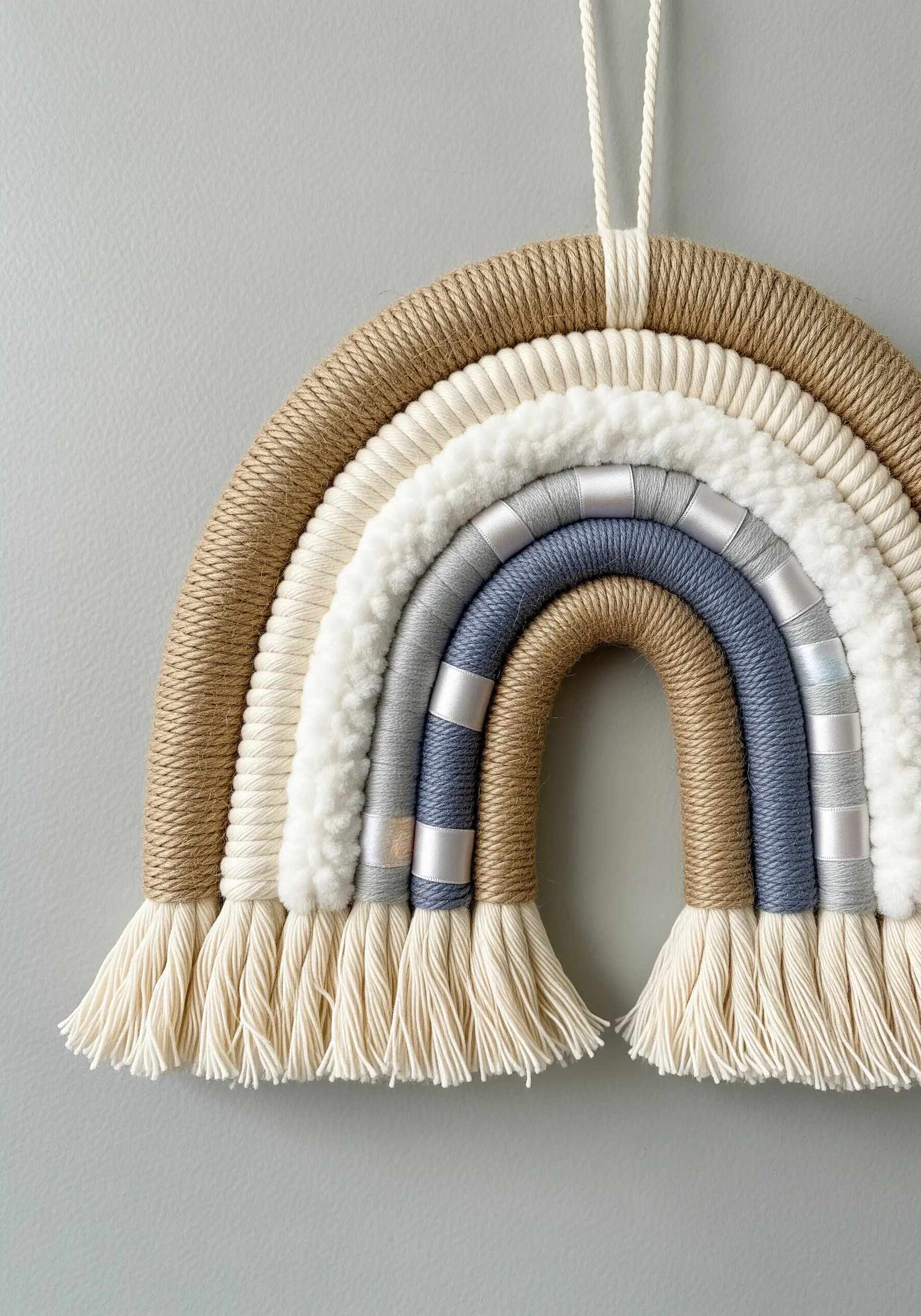 A fiber rainbow wall hanging with arches wrapped in jute, chenille, yarn, and satin ribbon.