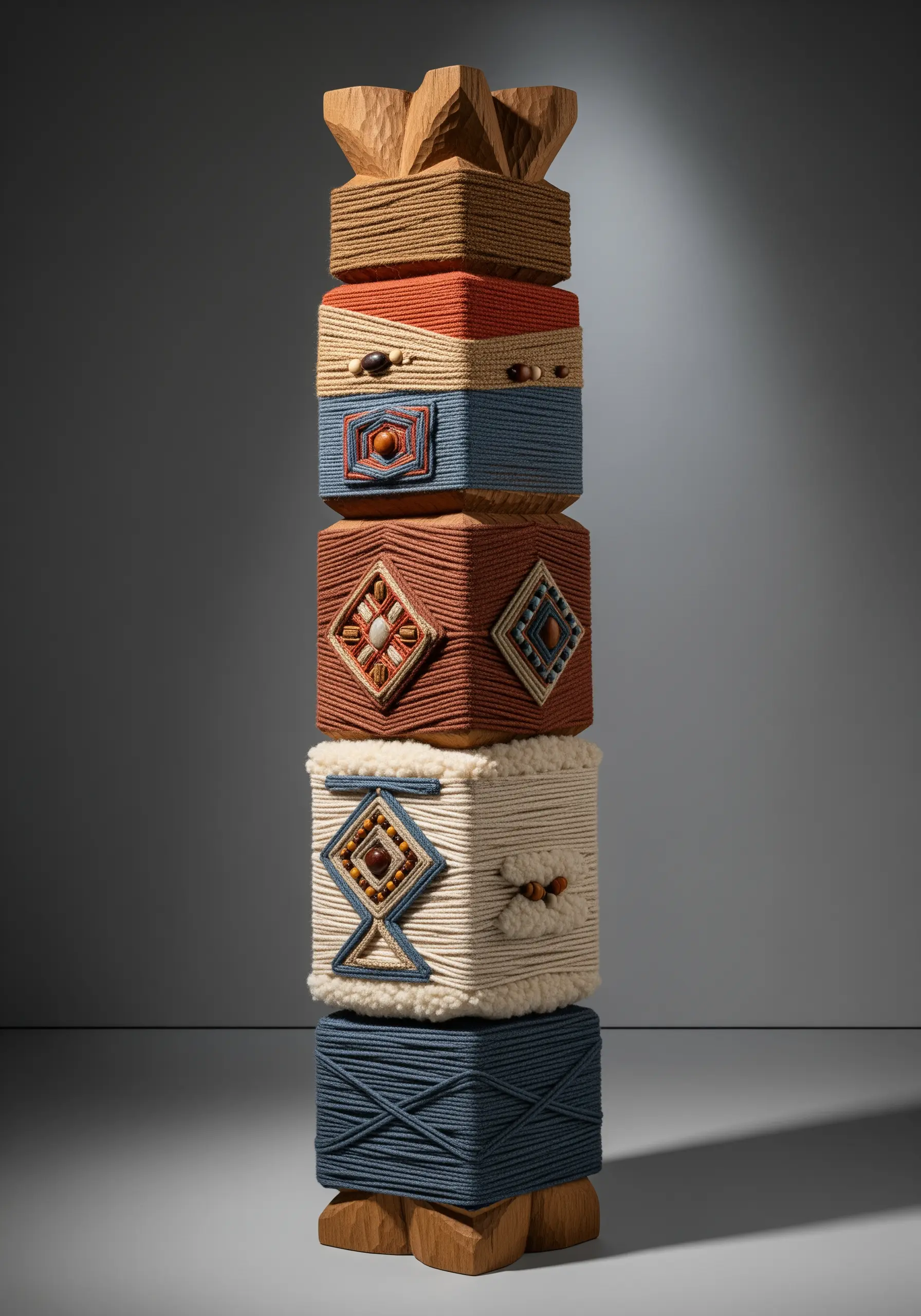 A stacked totem of geometric blocks, each wrapped in different colored and textured yarns.