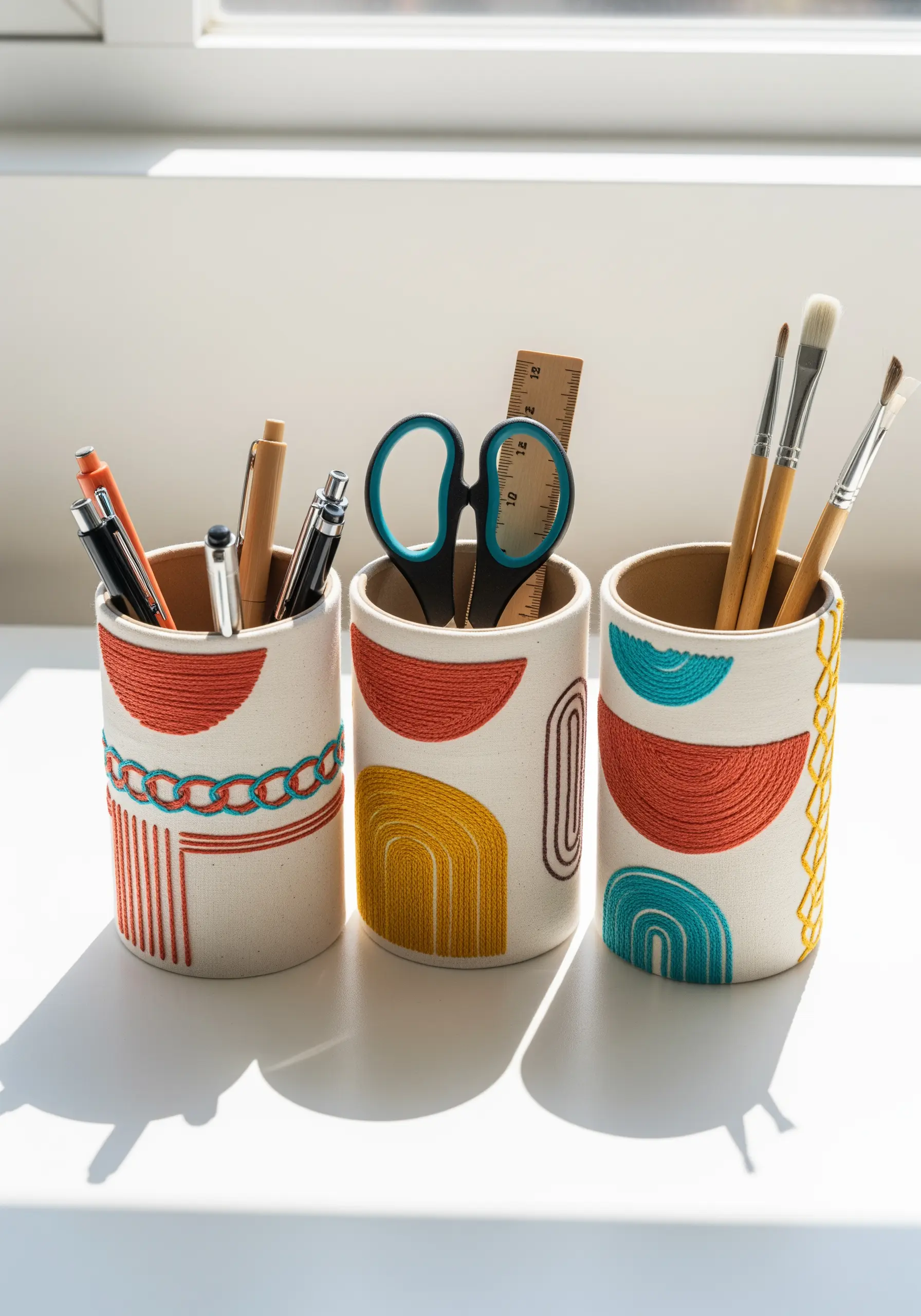 Three cylindrical pen holders wrapped in canvas with abstract geometric embroidery.