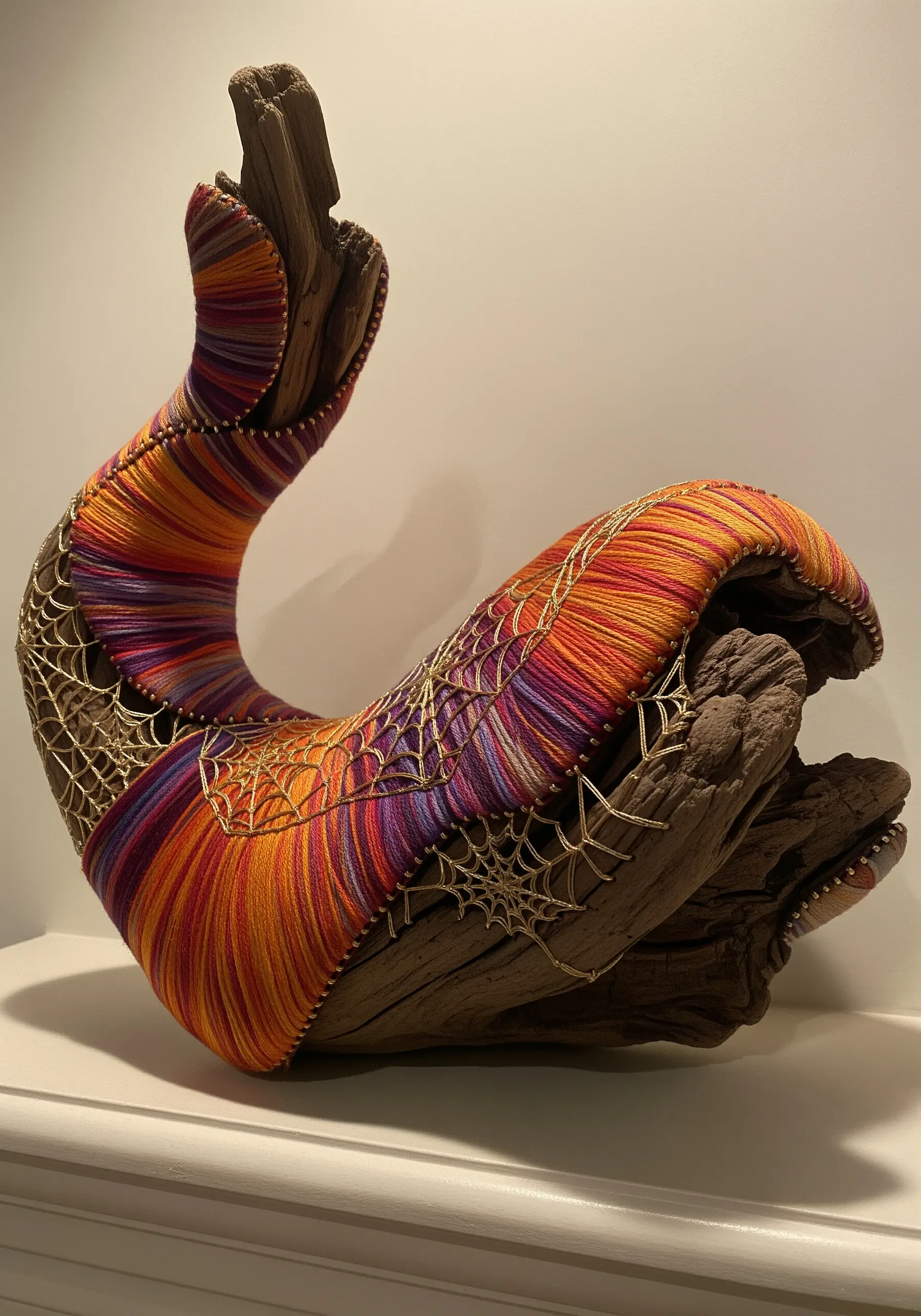A curved piece of driftwood is partially wrapped in vibrant, colorful thread with gold webs.