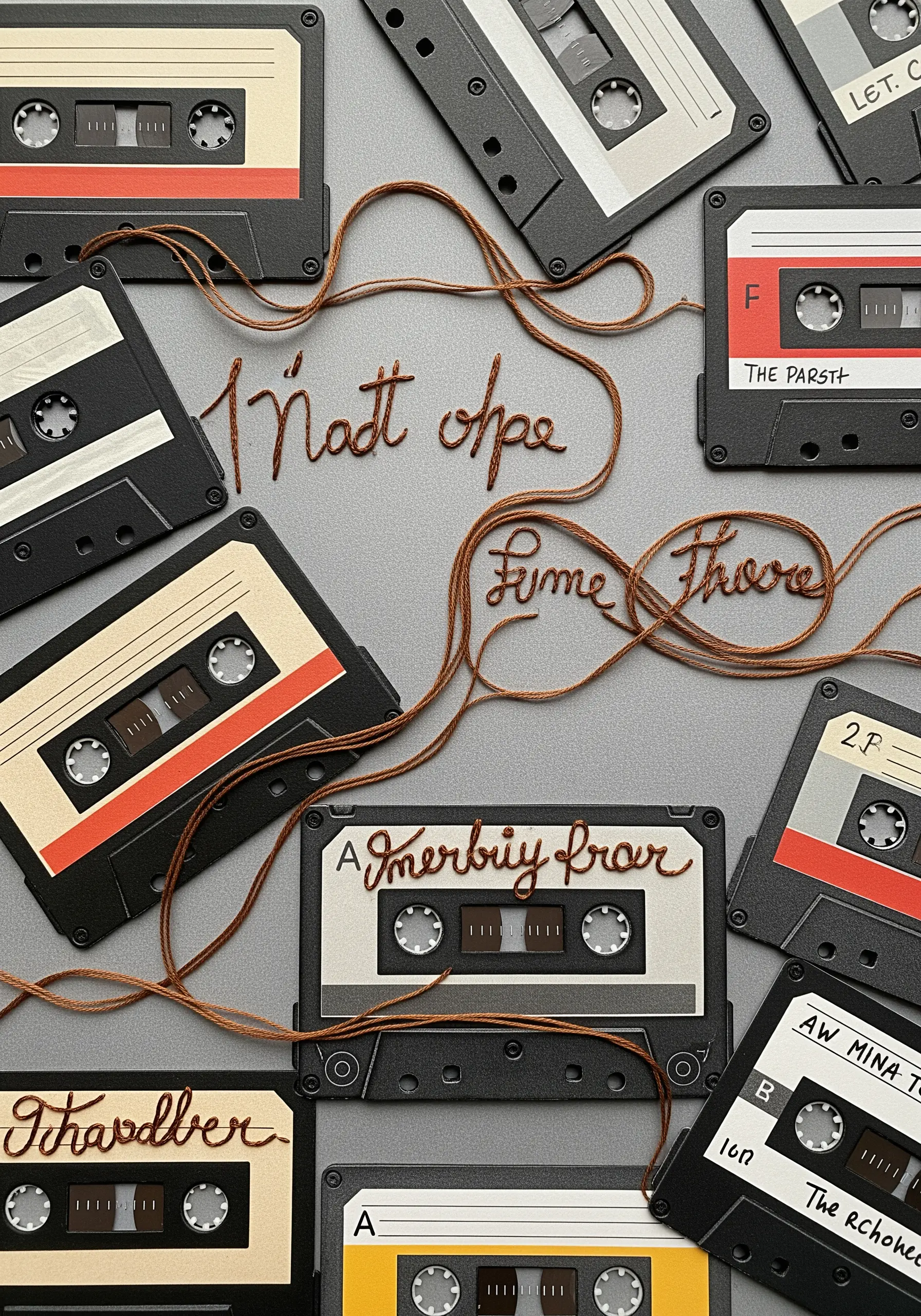 A collage of cassette tape illustrations with words stitched in brown cursive thread.