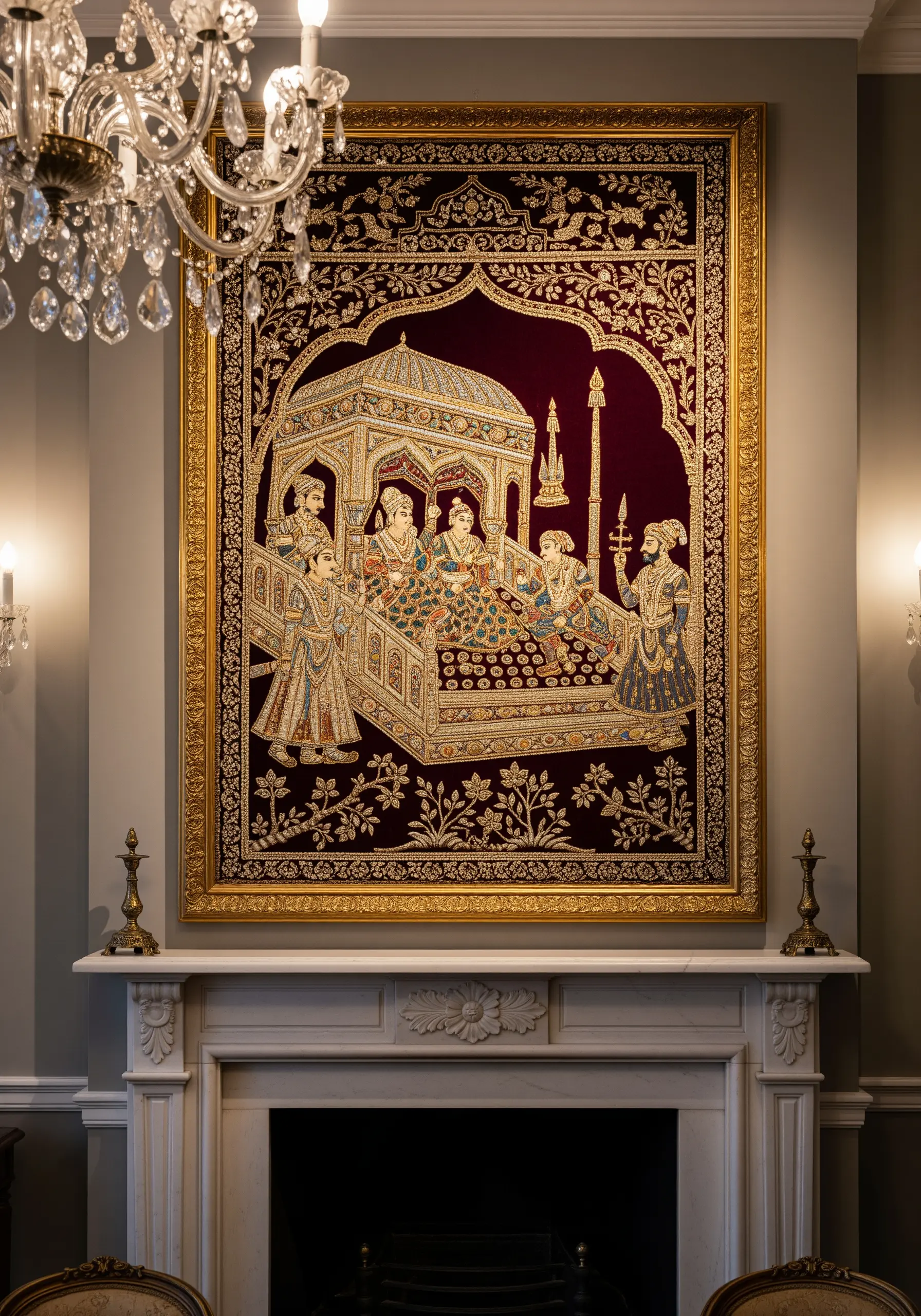 An ornate, framed Zardozi tapestry with a royal court scene, hanging above a fireplace.