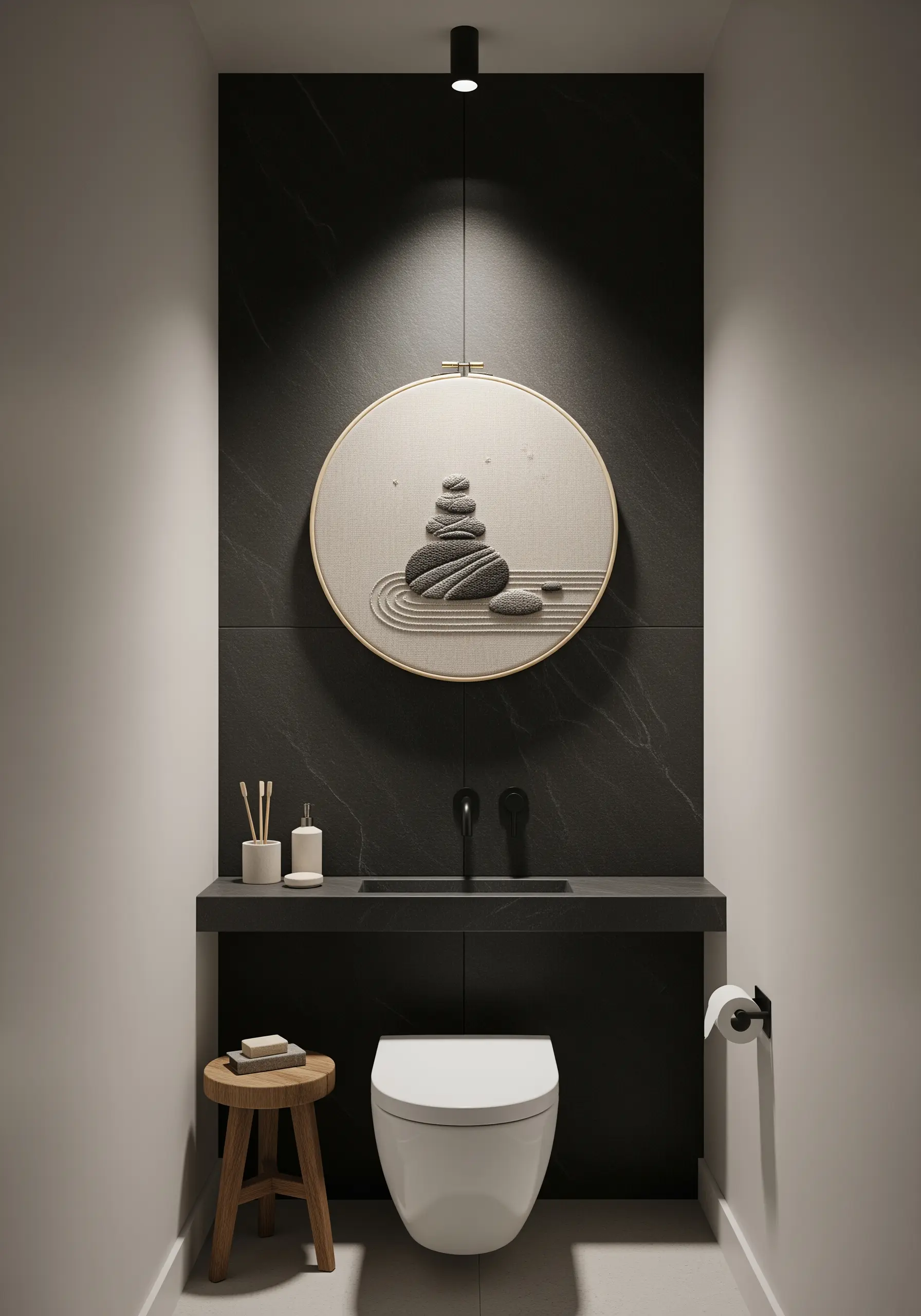 A minimalist embroidery hoop depicting stacked Zen stones and raked sand lines.