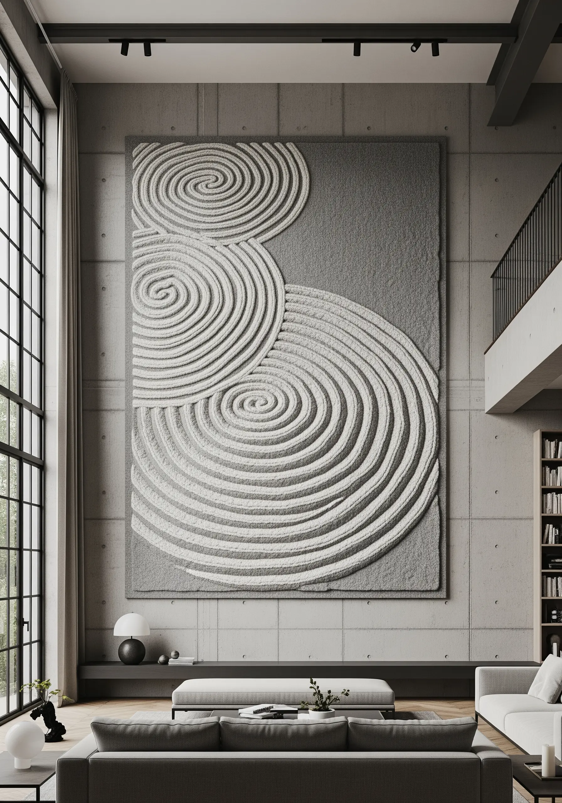 A large, textured wall hanging with raised white spirals on a grey background.