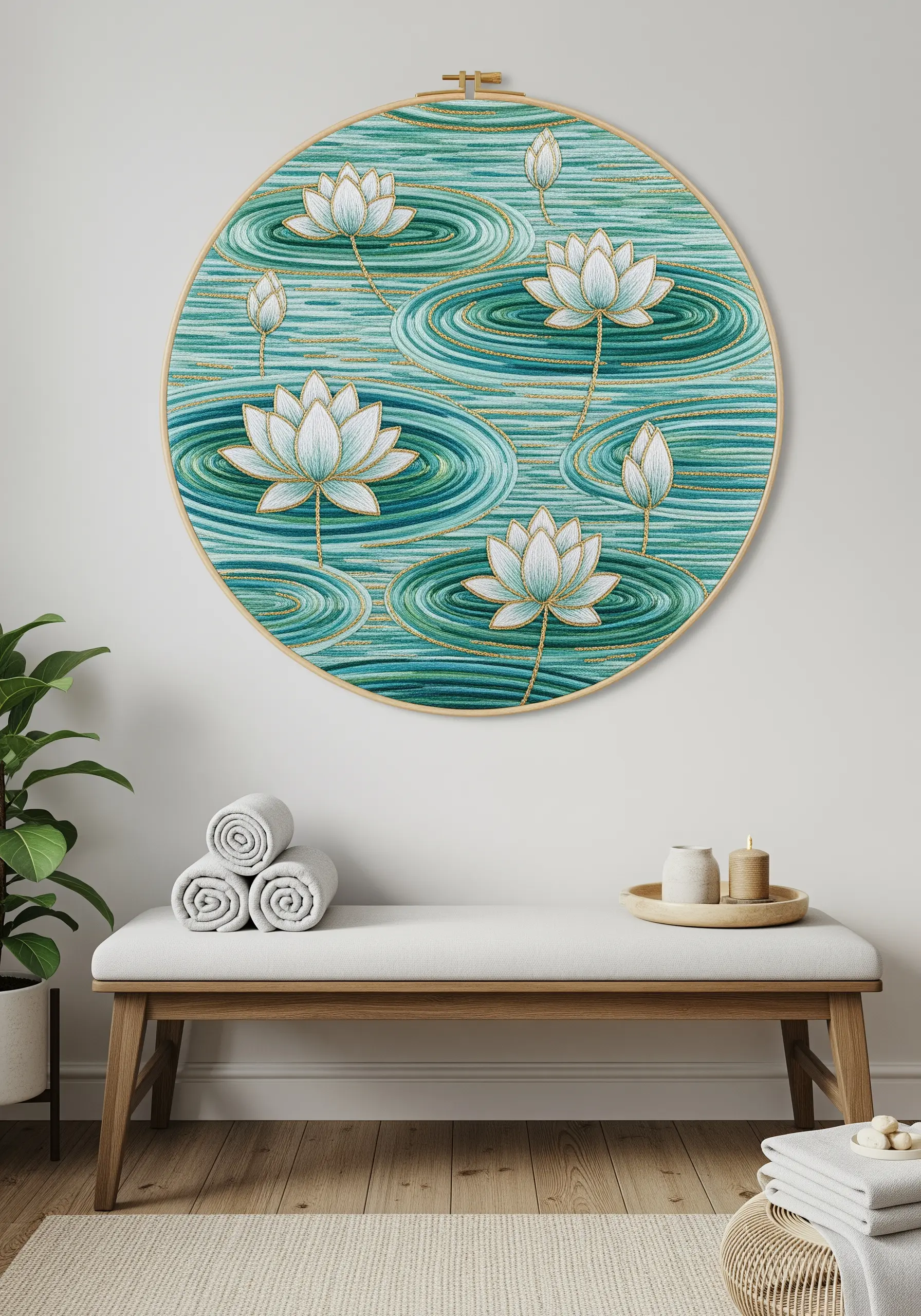 A large round hoop featuring white and gold lotus flowers on a teal, embroidered water ripple background.